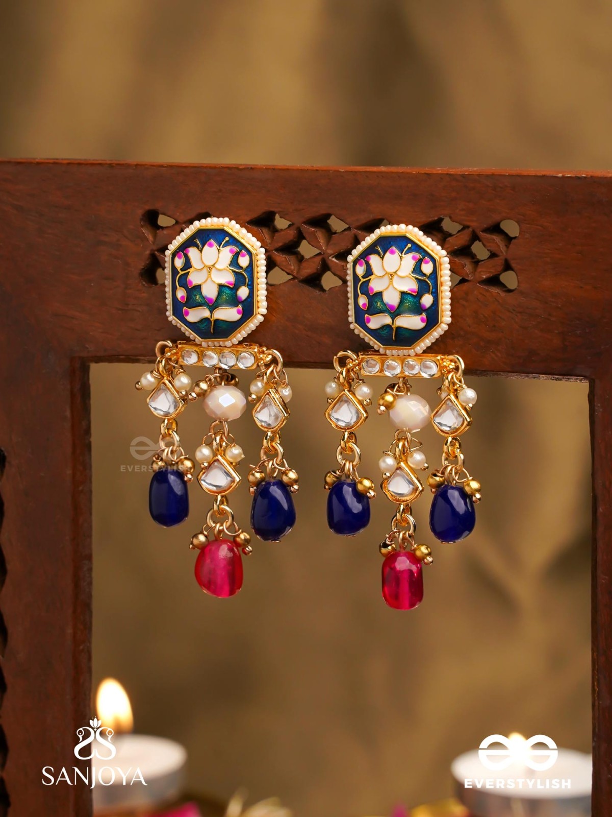 SANDHYARAGA - EVENING HUES - EXQUISITE KUNDAN EARRINGS WITH ENAMELLING AND GEM DROPS