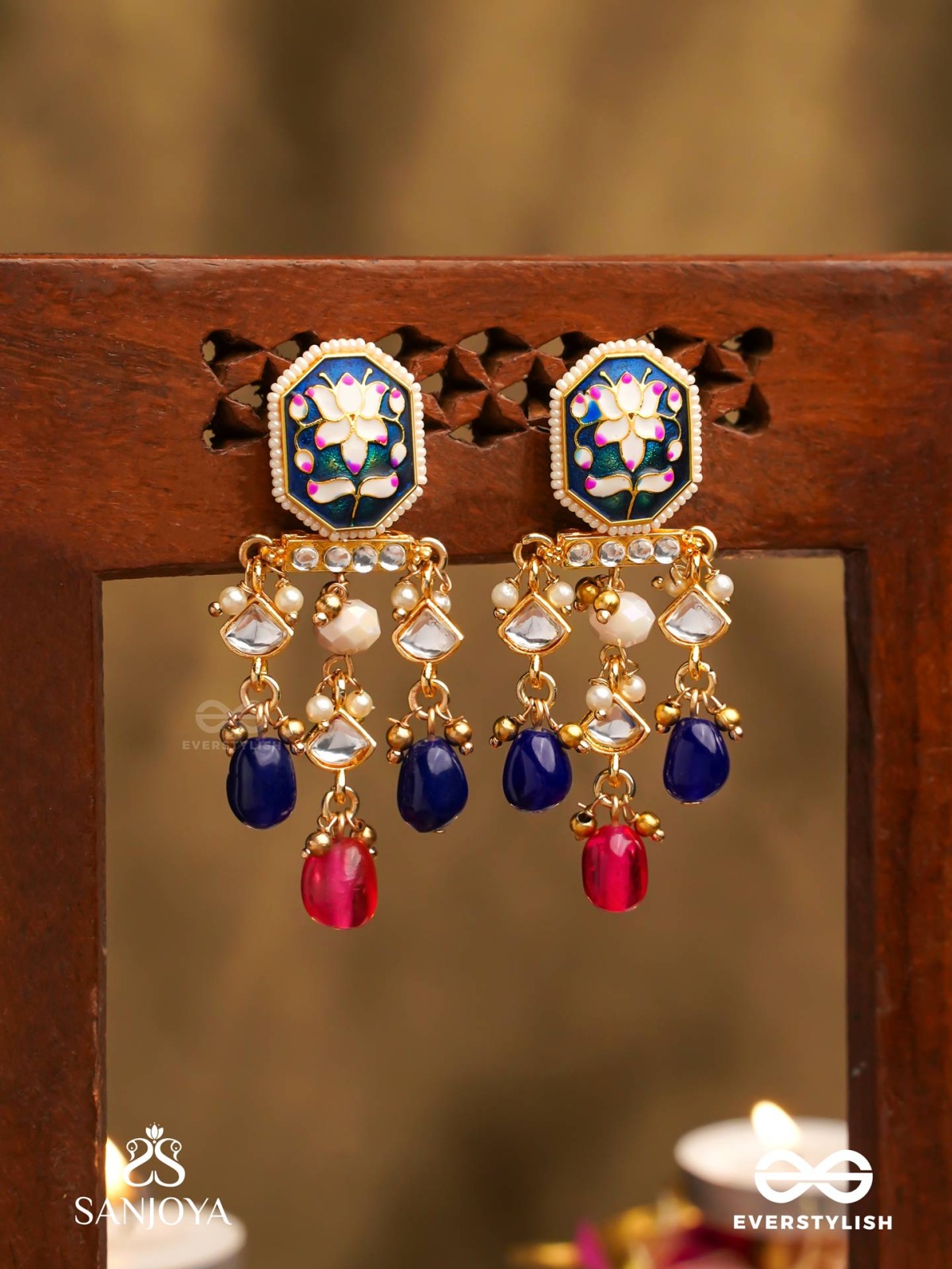SANDHYARAGA - EVENING HUES - EXQUISITE KUNDAN EARRINGS WITH ENAMELLING AND GEM DROPS