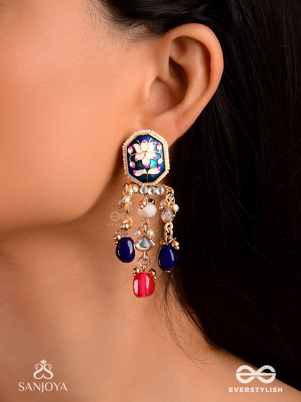 SANDHYARAGA - EVENING HUES - EXQUISITE KUNDAN EARRINGS WITH ENAMELLING AND GEM DROPS