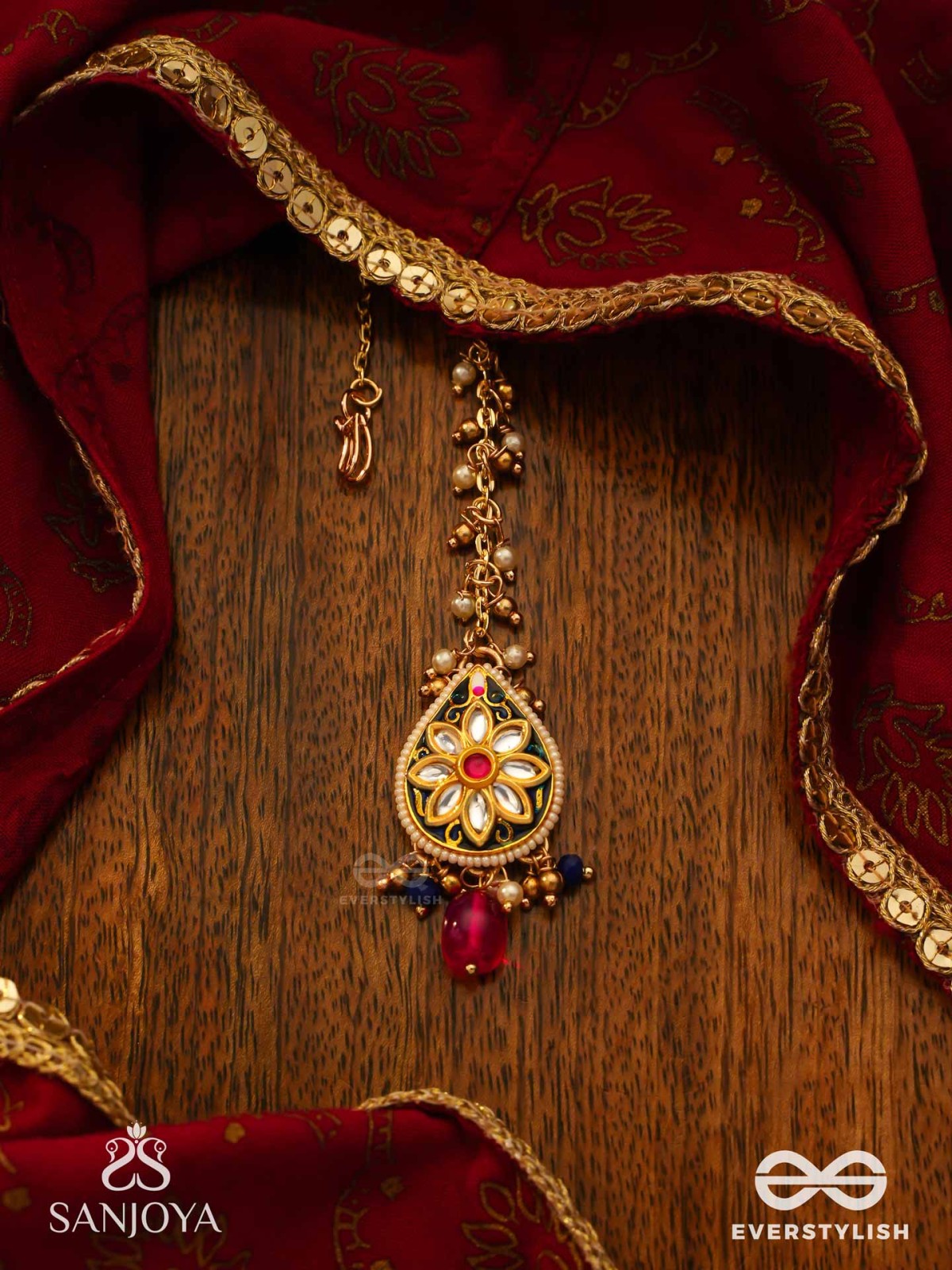 SANDHYARAGA - EVENING HUES - EXQUISITE KUNDAN MAANGTIKA WITH ENAMELLING AND GEM DROPS