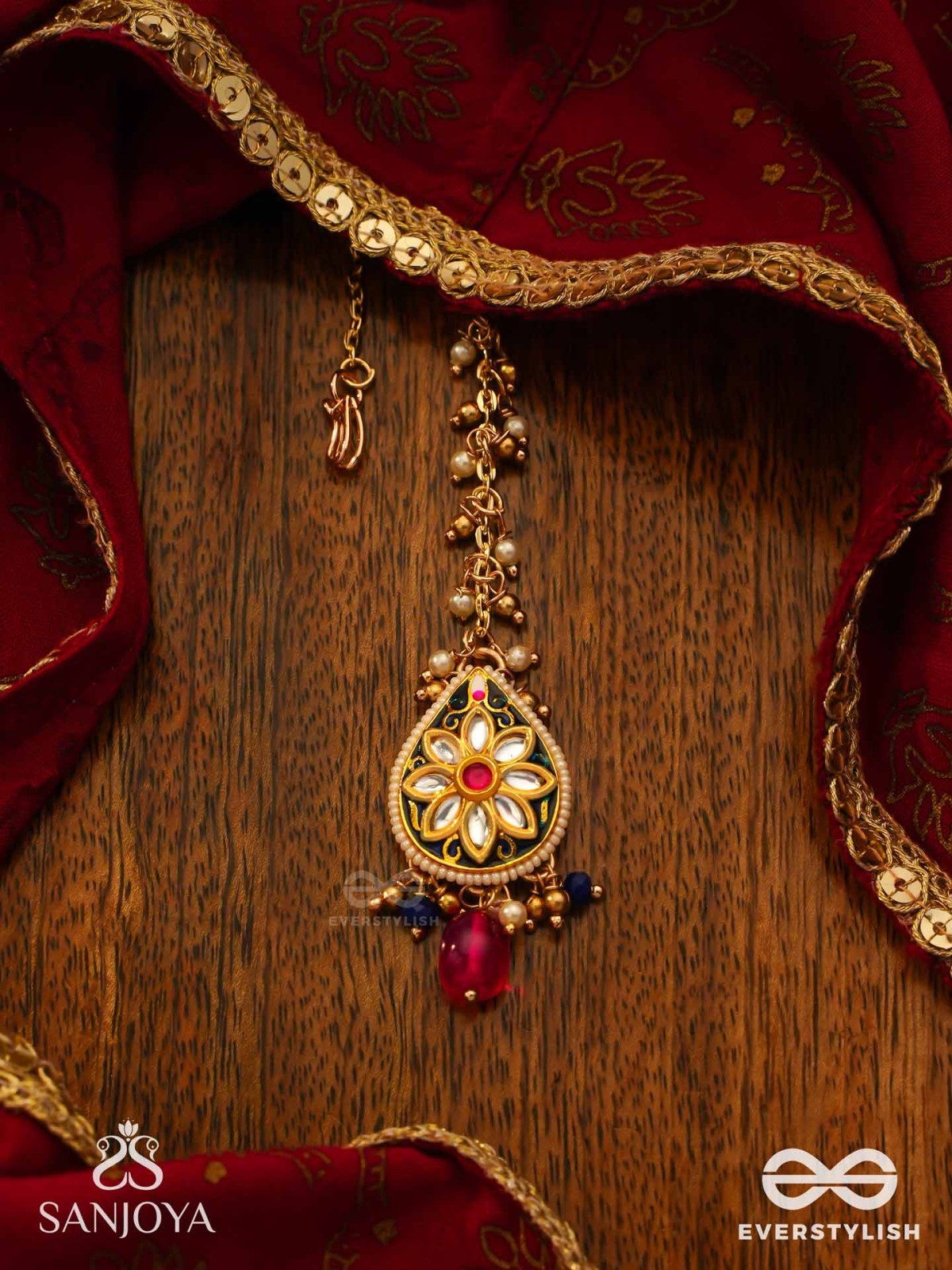 SANDHYARAGA - EVENING HUES - EXQUISITE KUNDAN MAANGTIKA WITH ENAMELLING AND GEM DROPS