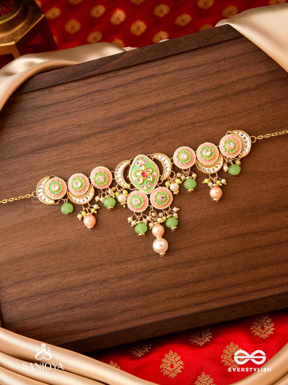 HARITRINA - VERDANT BEAUTY - KUNDAN DAINTY GOLDEN NECKLACE WITH HANDCRAFTED FLORAL ENAMEL WORK