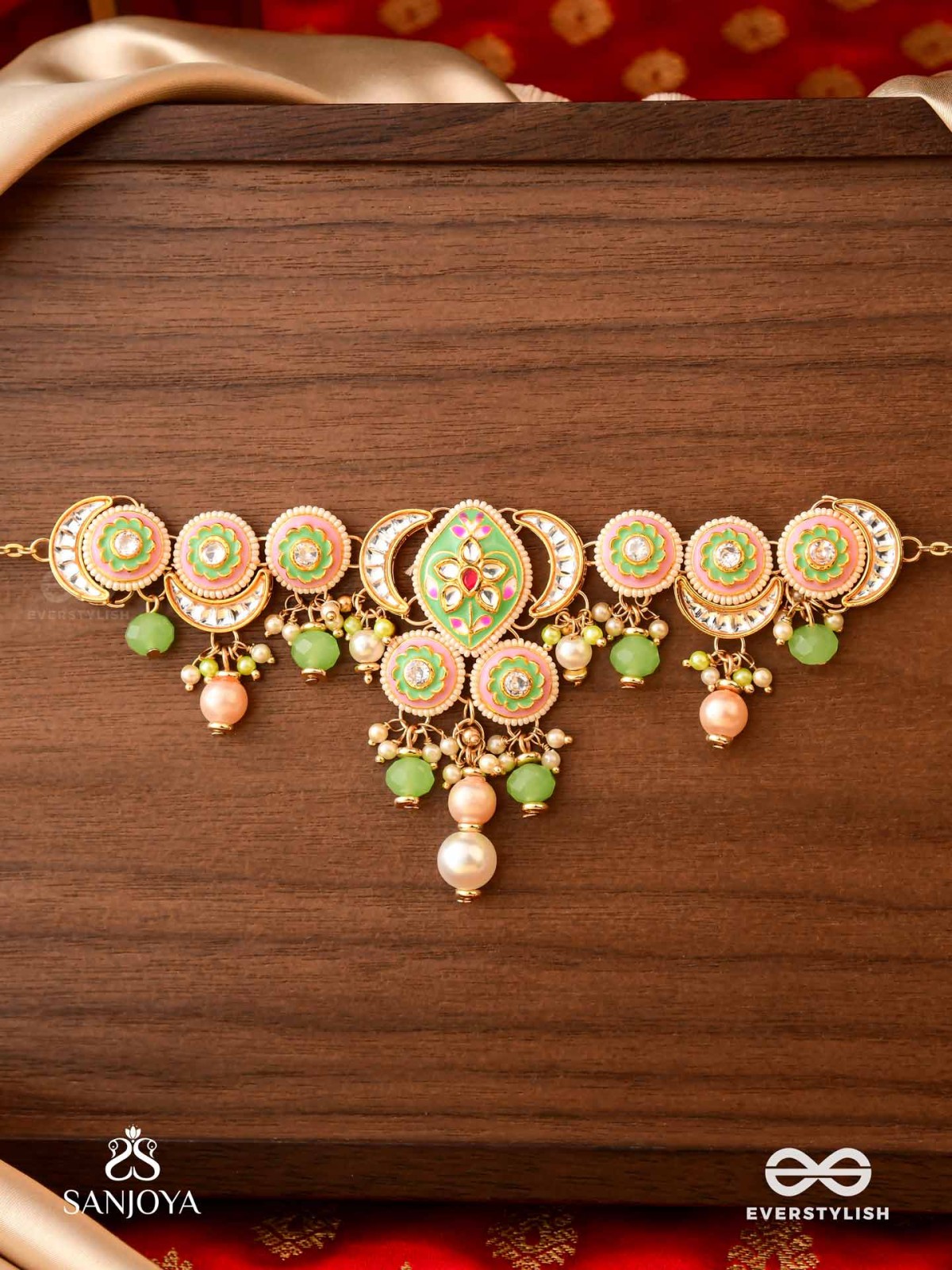 HARITRINA - VERDANT BEAUTY - KUNDAN DAINTY GOLDEN NECKLACE WITH HANDCRAFTED FLORAL ENAMEL WORK