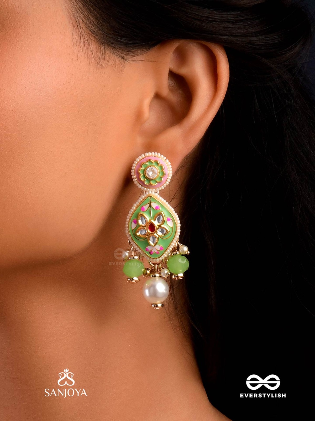 HARITRINA - VERDANT BEAUTY - KUNDAN DAINTY GOLDEN EARRINGS WITH HANDCRAFTED FLORAL ENAMEL WORK