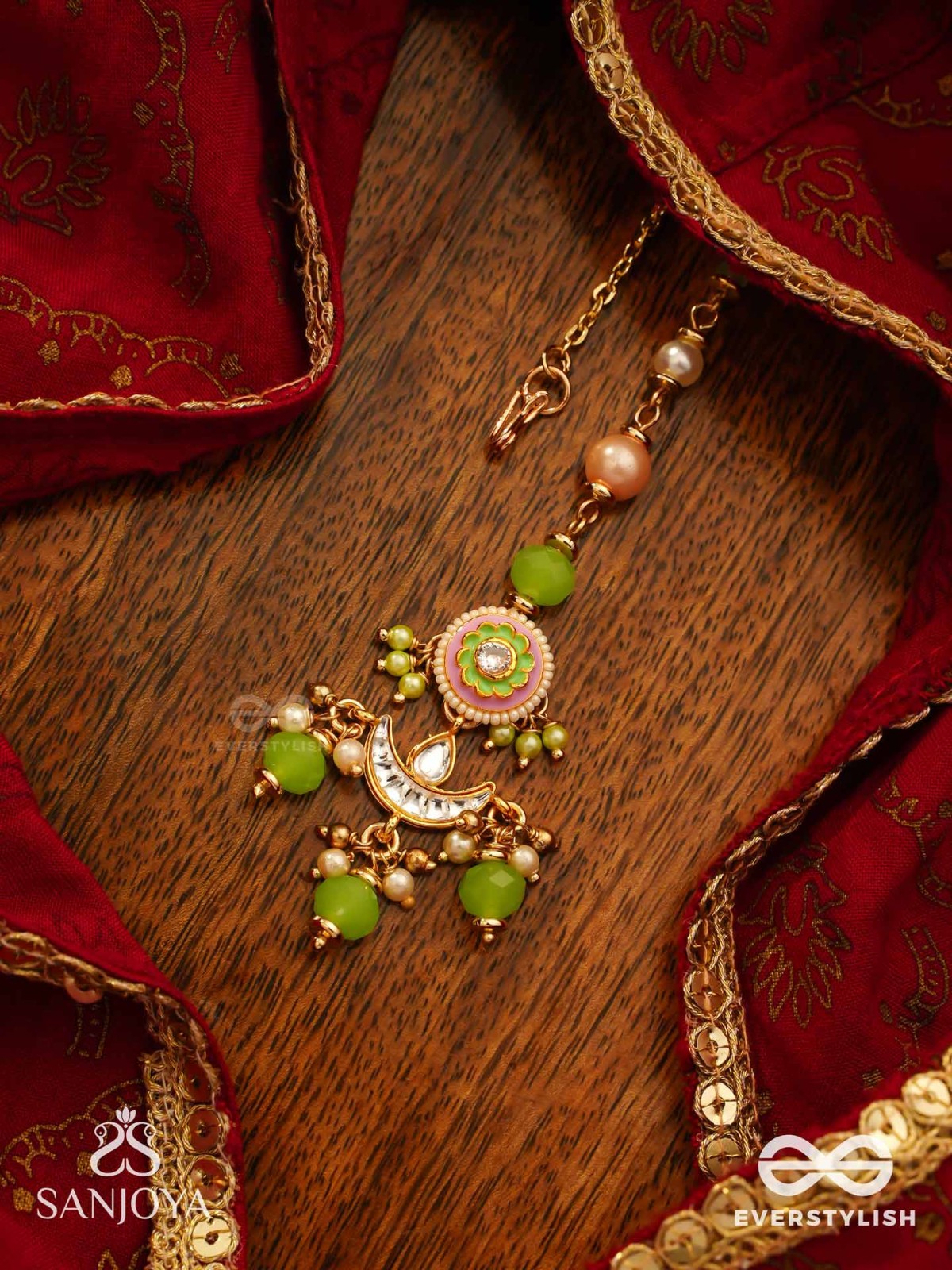 HARITRINA - VERDANT BEAUTY - KUNDAN DAINTY GOLDEN MAANGTIKA WITH HANDCRAFTED FLORAL ENAMEL WORK