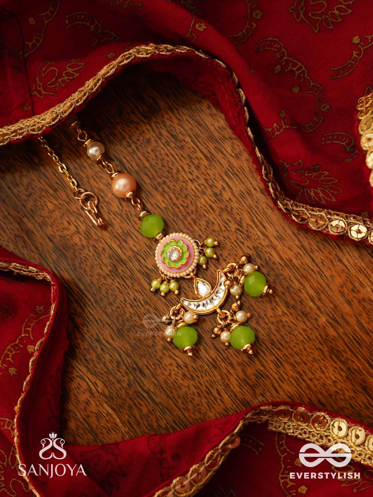 HARITRINA - VERDANT BEAUTY - KUNDAN DAINTY GOLDEN MAANGTIKA WITH HANDCRAFTED FLORAL ENAMEL WORK