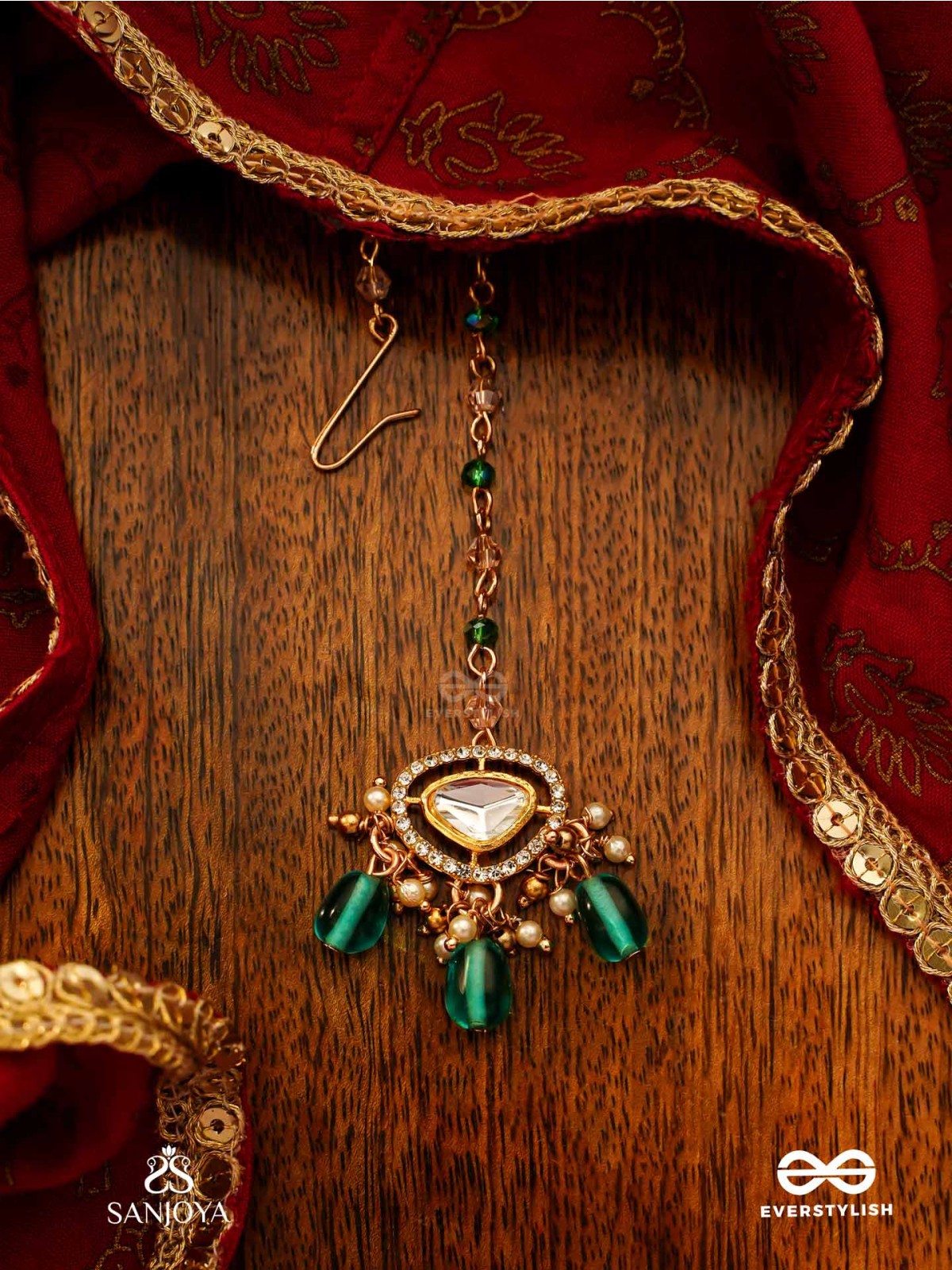 INDRANEELA - BLUE SAPPHIRE GLOW - ROYAL KUNDAN POLKI MAANGTIKA WITH SPARKLING TEAL GEMSTONES