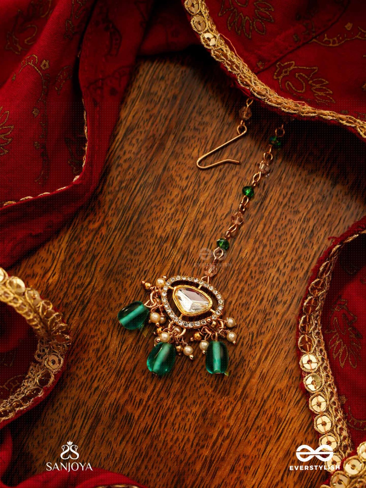 INDRANEELA - BLUE SAPPHIRE GLOW - ROYAL KUNDAN POLKI MAANGTIKA WITH SPARKLING TEAL GEMSTONES