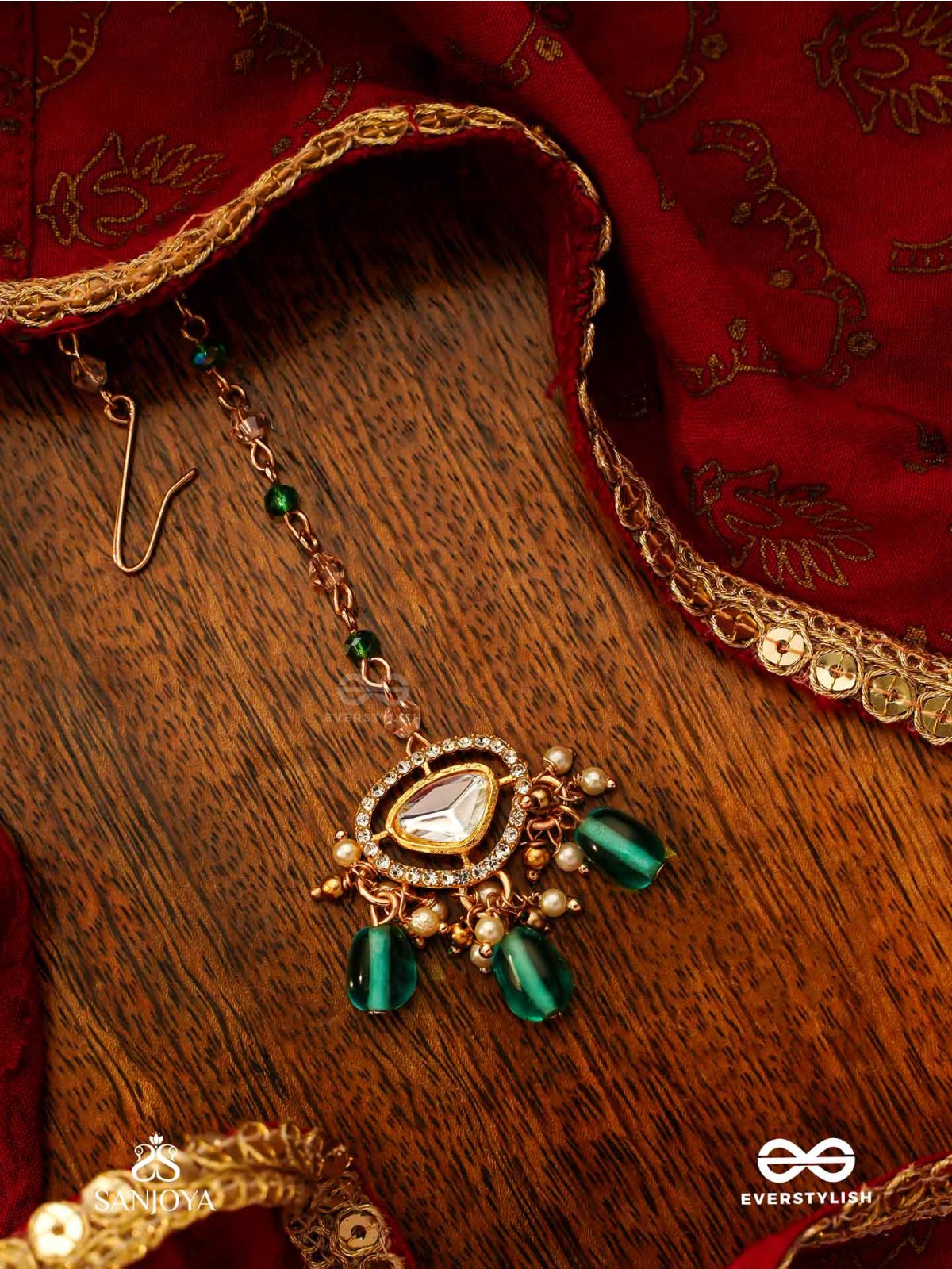 INDRANEELA - BLUE SAPPHIRE GLOW - ROYAL KUNDAN POLKI MAANGTIKA WITH SPARKLING TEAL GEMSTONES