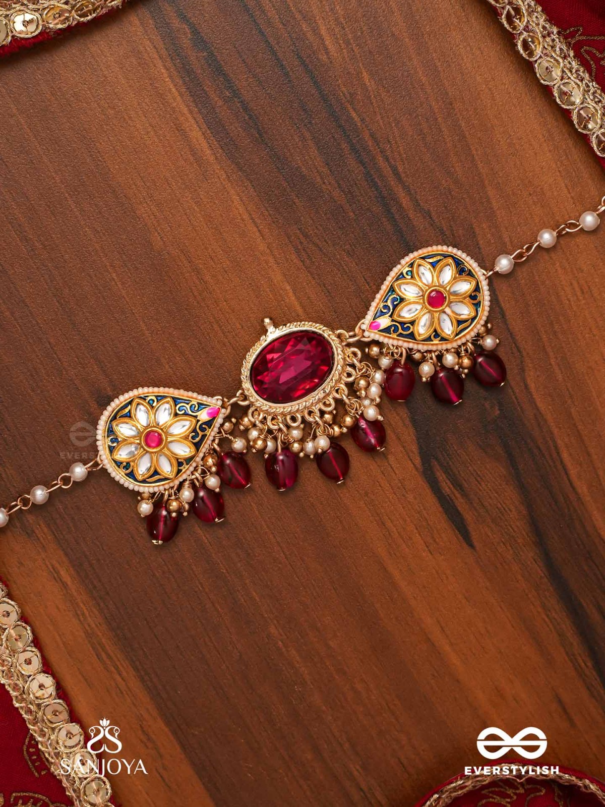 SINDURINI - VERMILION GRACE - STATEMENT KUNDAN POLKI NECKLACE WITH RED GEMSTONES AND ENAMEL ACCENTS