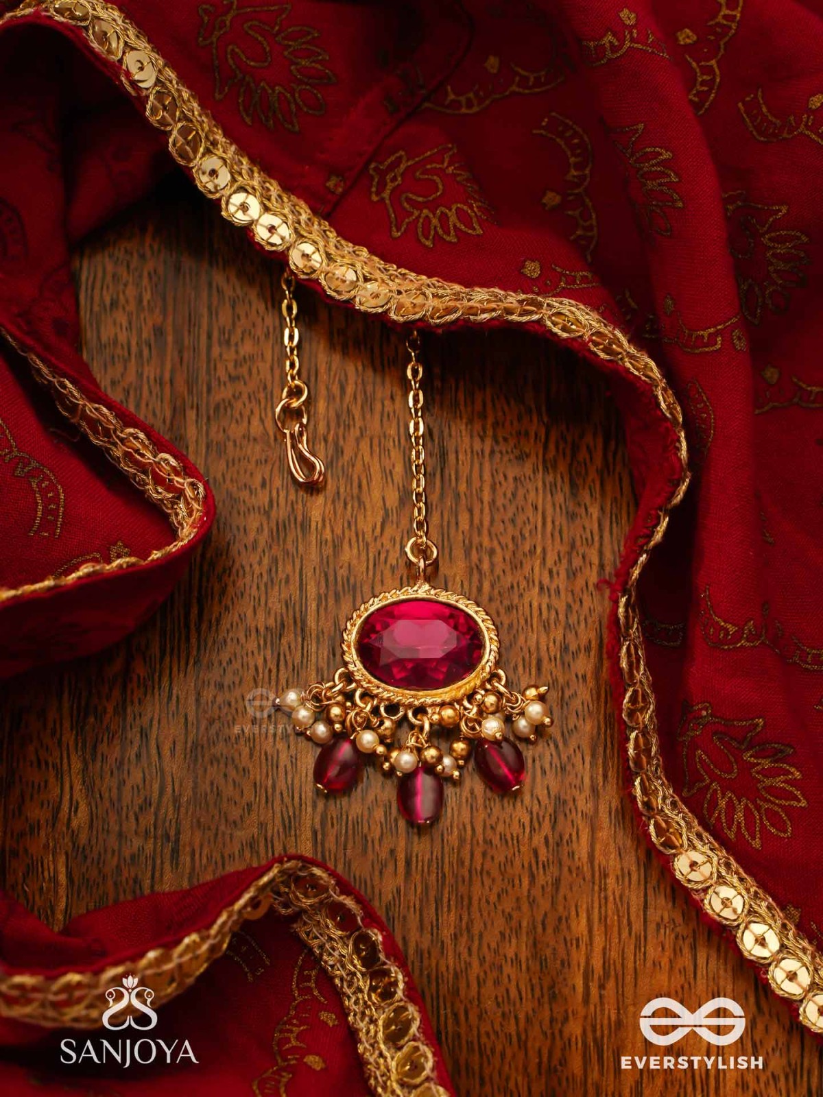 SINDURINI - VERMILION GRACE - STATEMENT KUNDAN POLKI MAANGTIKA WITH RED GEMSTONES AND ENAMEL ACCENTS
