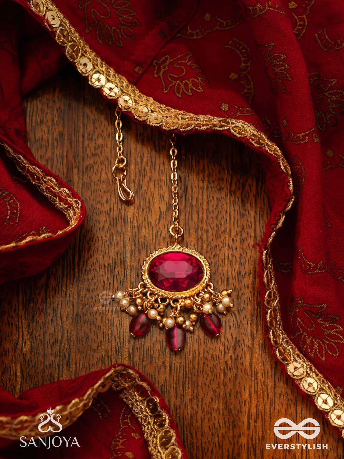 SINDURINI - VERMILION GRACE - STATEMENT KUNDAN POLKI MAANGTIKA WITH RED GEMSTONES AND ENAMEL ACCENTS