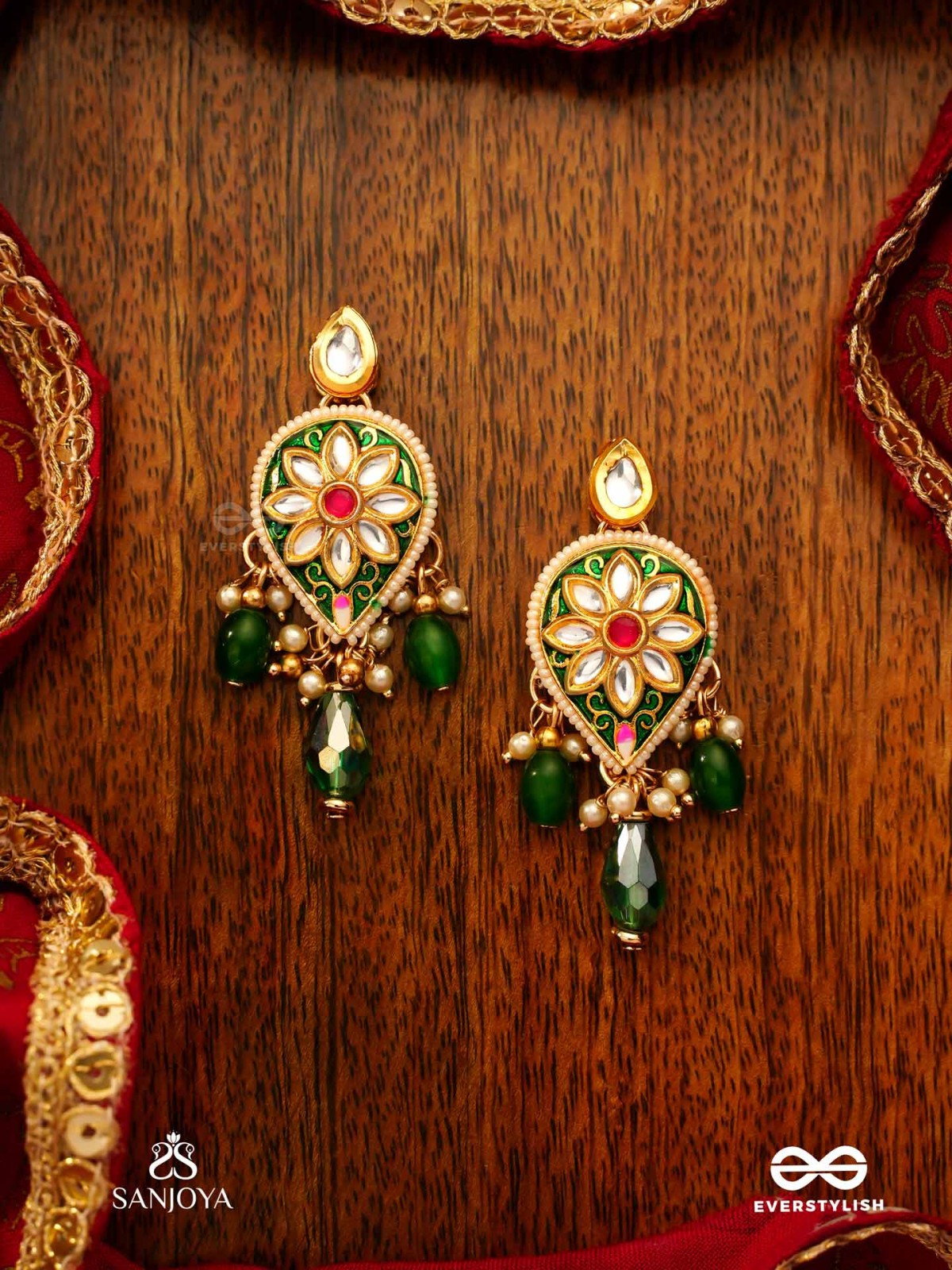 JALNIDHI - OCEAN’S TREASURE - HANDCRAFTED KUNDAN EARRINGS WITH GREEN GEMSTONES AND GOLDEN DETAILS