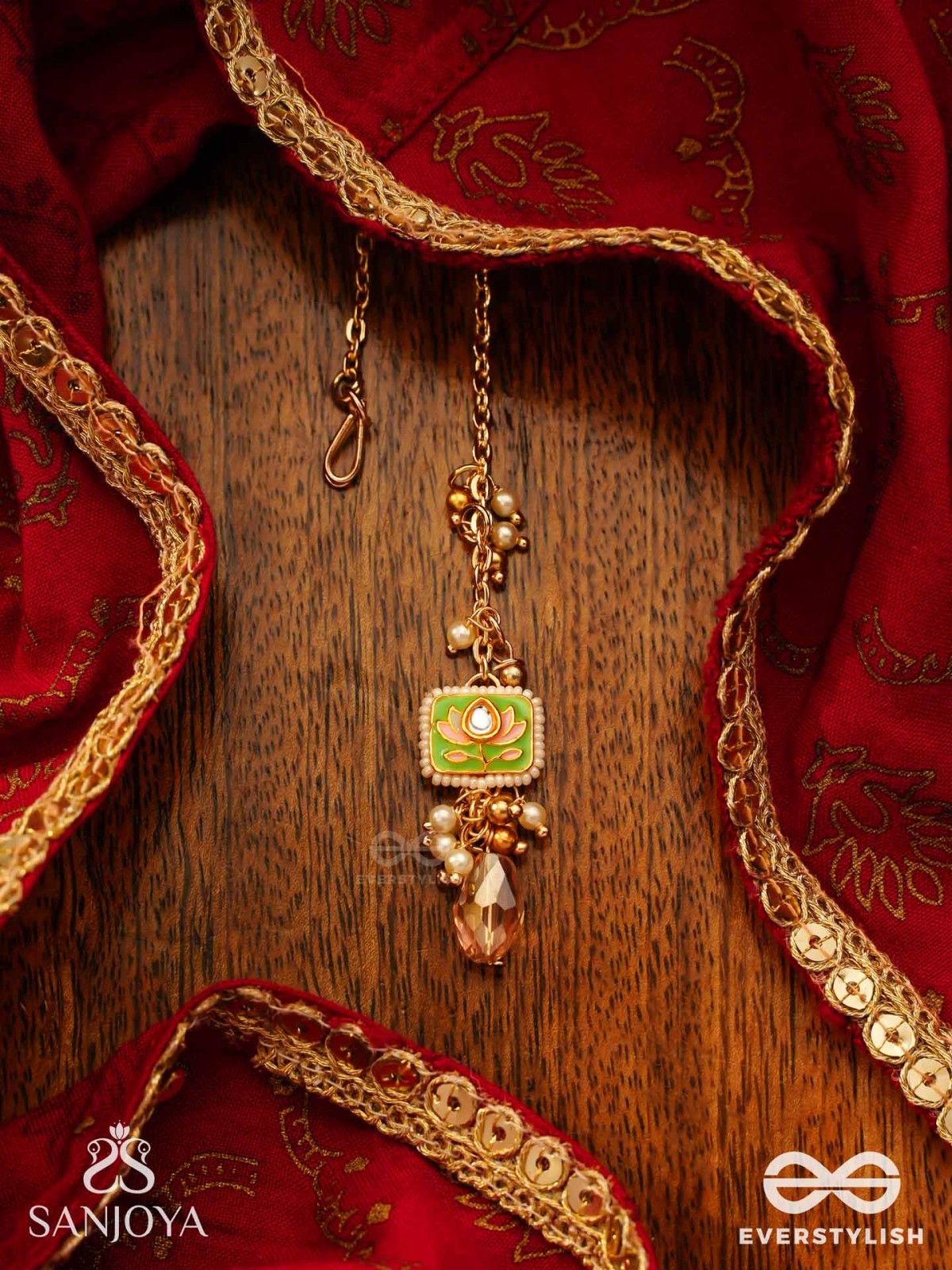 MRINALIKA - LOTUS PETAL - GRACEFUL ENAMELLED HANDCRAFTED KUNDAN MAANGTIKA WITH SOFT PASTEL GEMSTONES