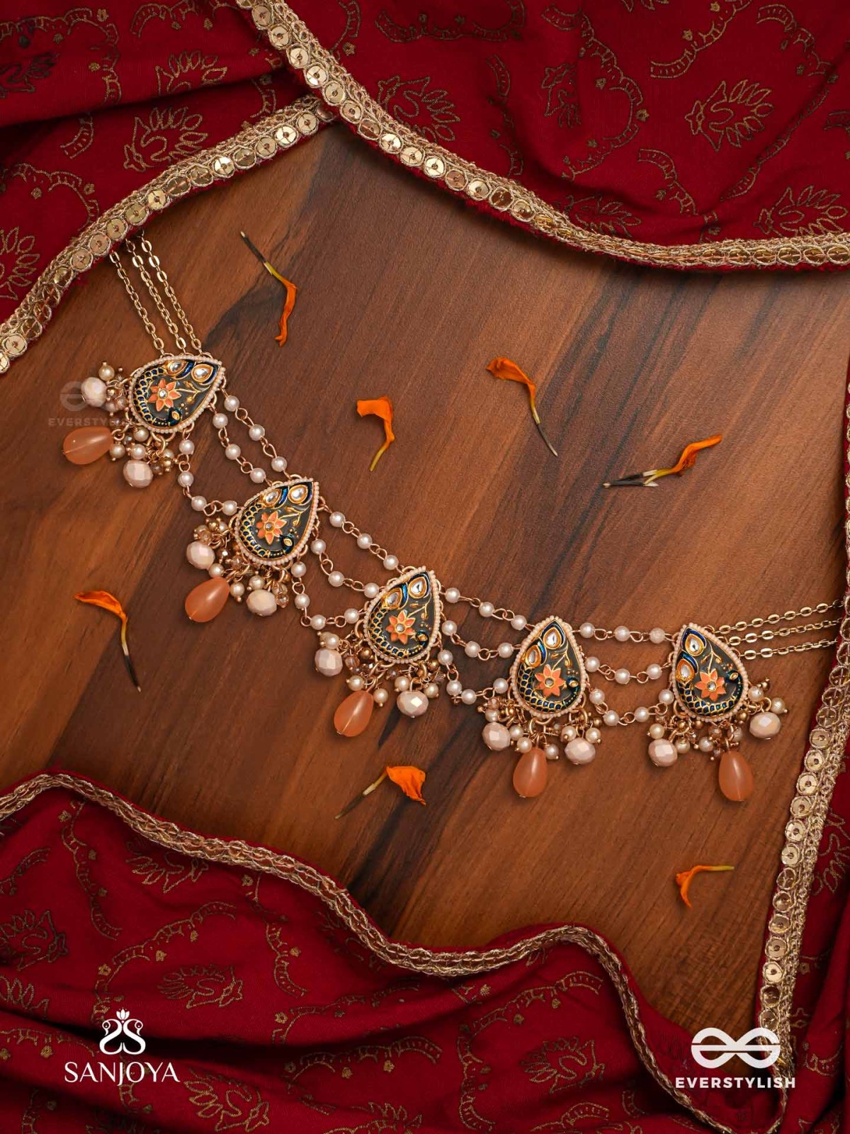 SANDHYAPRIYA - LOVER OF DUSK - EXQUISITE GOLDEN ENAMELLED KUNDAN NECKLACE WITH LUSTROUS ORANGE GEM DROPS