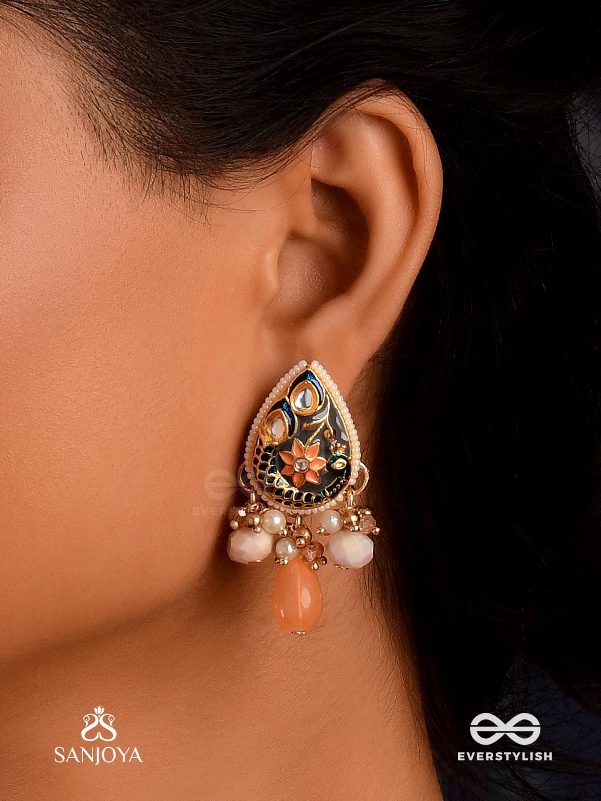 SANDHYAPRIYA - LOVER OF DUSK - EXQUISITE GOLDEN ENAMELLED KUNDAN EARRINGS WITH LUSTROUS ORANGE GEM DROPS