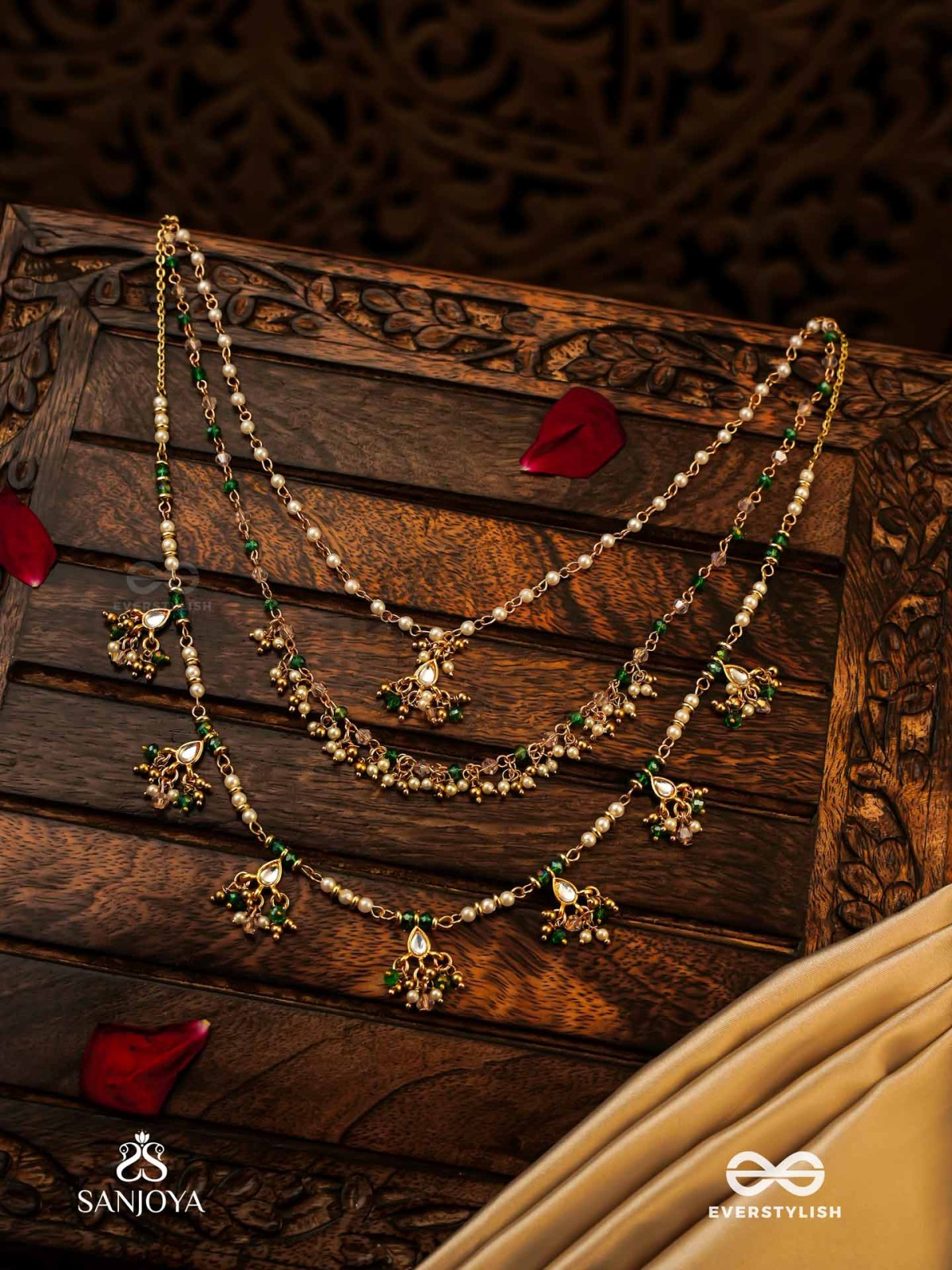 VARSHALEKHA - RAINFALL STROKES - ROYAL HERITAGE MULTI-STRAND KUNDAN NECKLACE WITH PEARL STRINGS AND POLKI DROPS