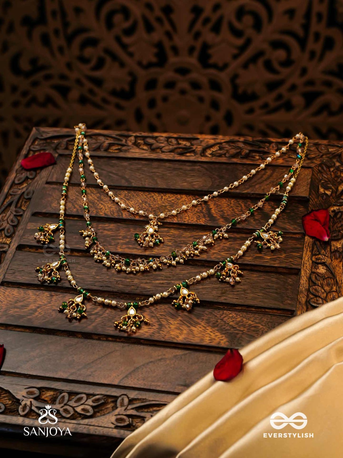 VARSHALEKHA - RAINFALL STROKES - ROYAL HERITAGE MULTI-STRAND KUNDAN NECKLACE WITH PEARL STRINGS AND POLKI DROPS