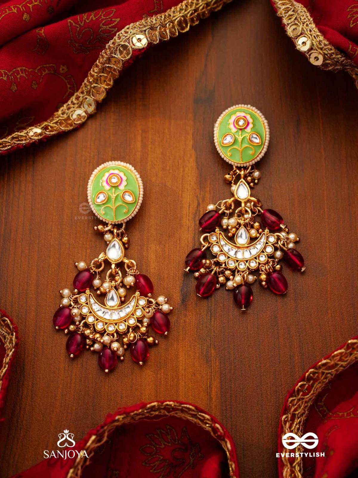 PUSHPALEKHA - STROKES OF FLOWERS - INTRICATE FLORAL ENAMELLED KUNDAN EARRINGS WITH RUBY BEADS