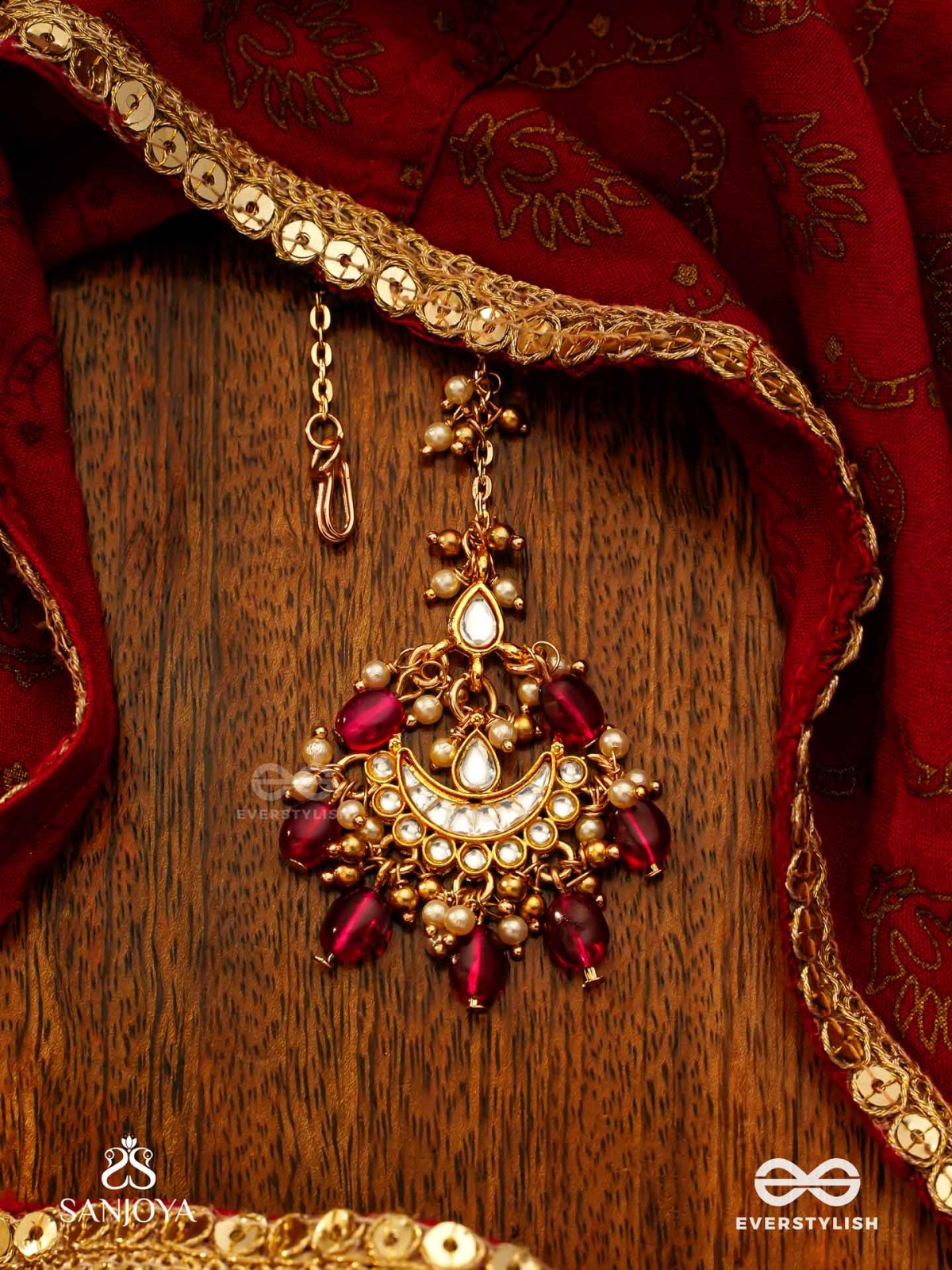 PUSHPALEKHA - STROKES OF FLOWERS - INTRICATE FLORAL ENAMELLED KUNDAN MAANGTIKA WITH RUBY BEADS