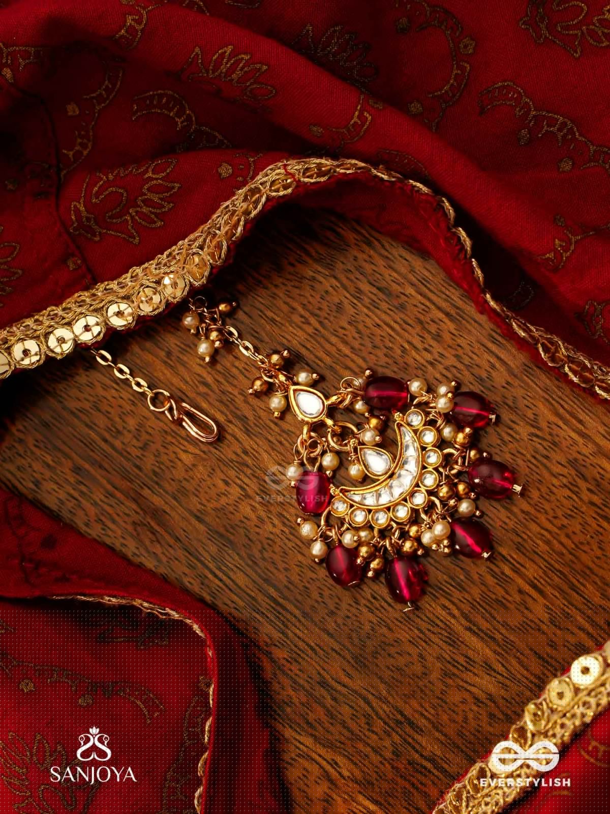 PUSHPALEKHA - STROKES OF FLOWERS - INTRICATE FLORAL ENAMELLED KUNDAN MAANGTIKA WITH RUBY BEADS