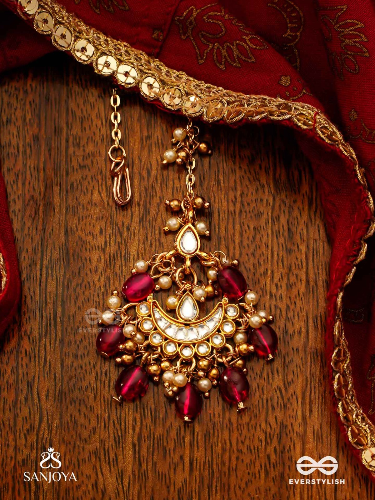 PUSHPALEKHA - STROKES OF FLOWERS - INTRICATE FLORAL ENAMELLED KUNDAN MAANGTIKA WITH RUBY BEADS