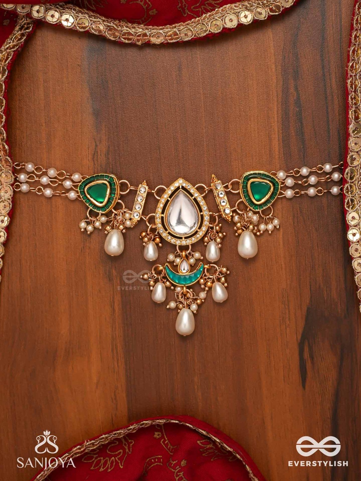 RATNODYA - RISING GEM - DAZZLING KUNDAN CHOKER WITH PEARLS AND ROYAL GREEN AND GOLD ACCENTS