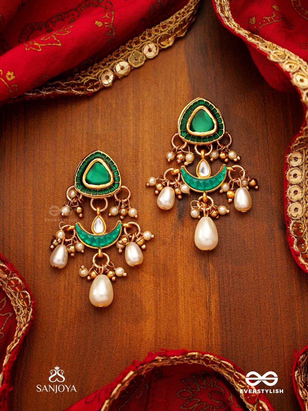 RATNODYA - RISING GEM - DAZZLING KUNDAN EARRINGS WITH PEARLS AND ROYAL GREEN AND GOLD ACCENTS