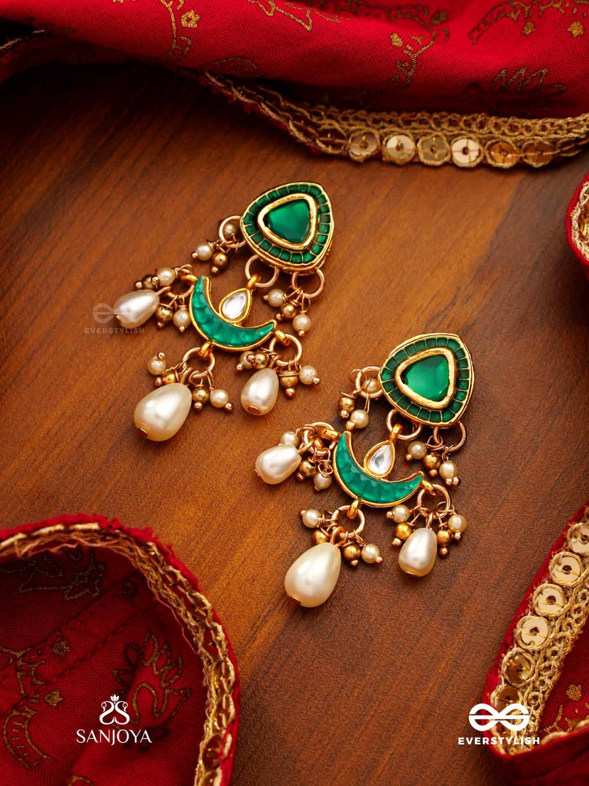 RATNODYA - RISING GEM - DAZZLING KUNDAN EARRINGS WITH PEARLS AND ROYAL GREEN AND GOLD ACCENTS