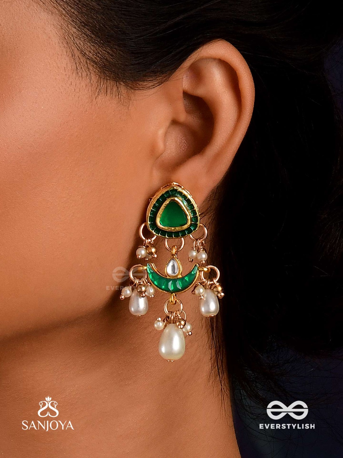 RATNODYA - RISING GEM - DAZZLING KUNDAN EARRINGS WITH PEARLS AND ROYAL GREEN AND GOLD ACCENTS