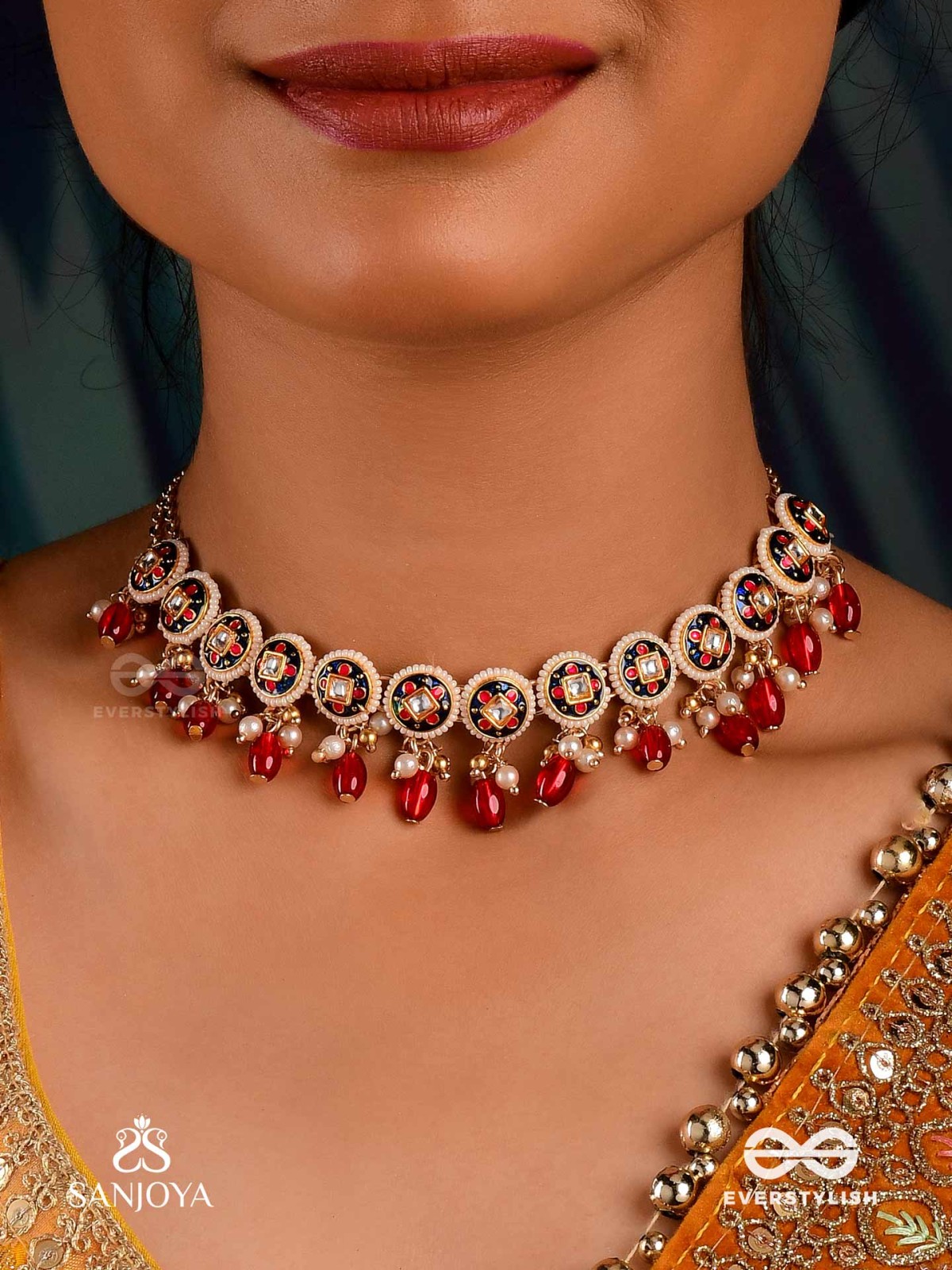 RUDRARAGA - MELODY OF RED - INTRICATE KUNDAN CHOKER WITH RUBY BEADS AND GOLDEN DETAILS