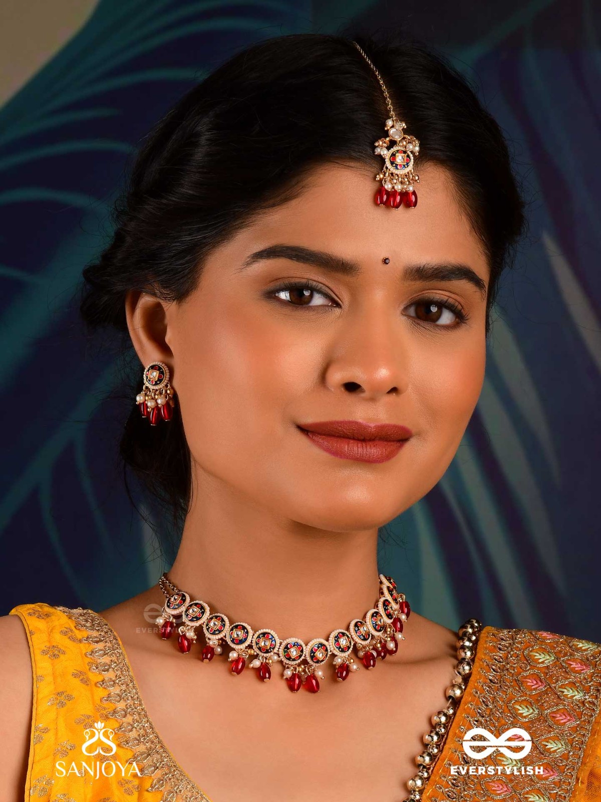 RUDRARAGA - MELODY OF RED - INTRICATE KUNDAN MAANGTIKA WITH RUBY BEADS AND GOLDEN DETAILS