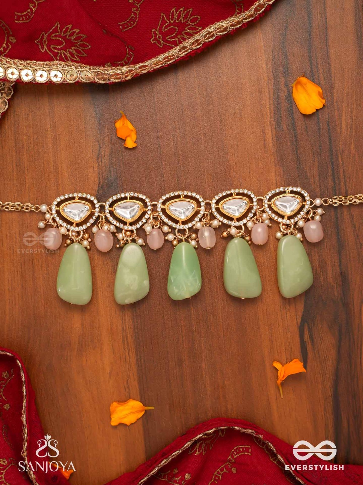 SHITALA - COOLING GRACE - CLASSIC GREEN KUNDAN POLKI CHOKER WITH GOLDEN DETAILS AND SOFT GEM ACCENTS