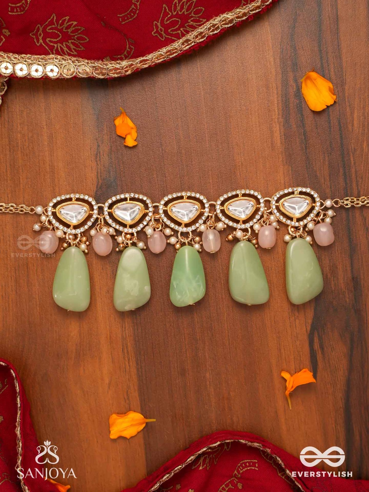 SHITALA - COOLING GRACE - CLASSIC GREEN KUNDAN POLKI CHOKER WITH GOLDEN DETAILS AND SOFT GEM ACCENTS