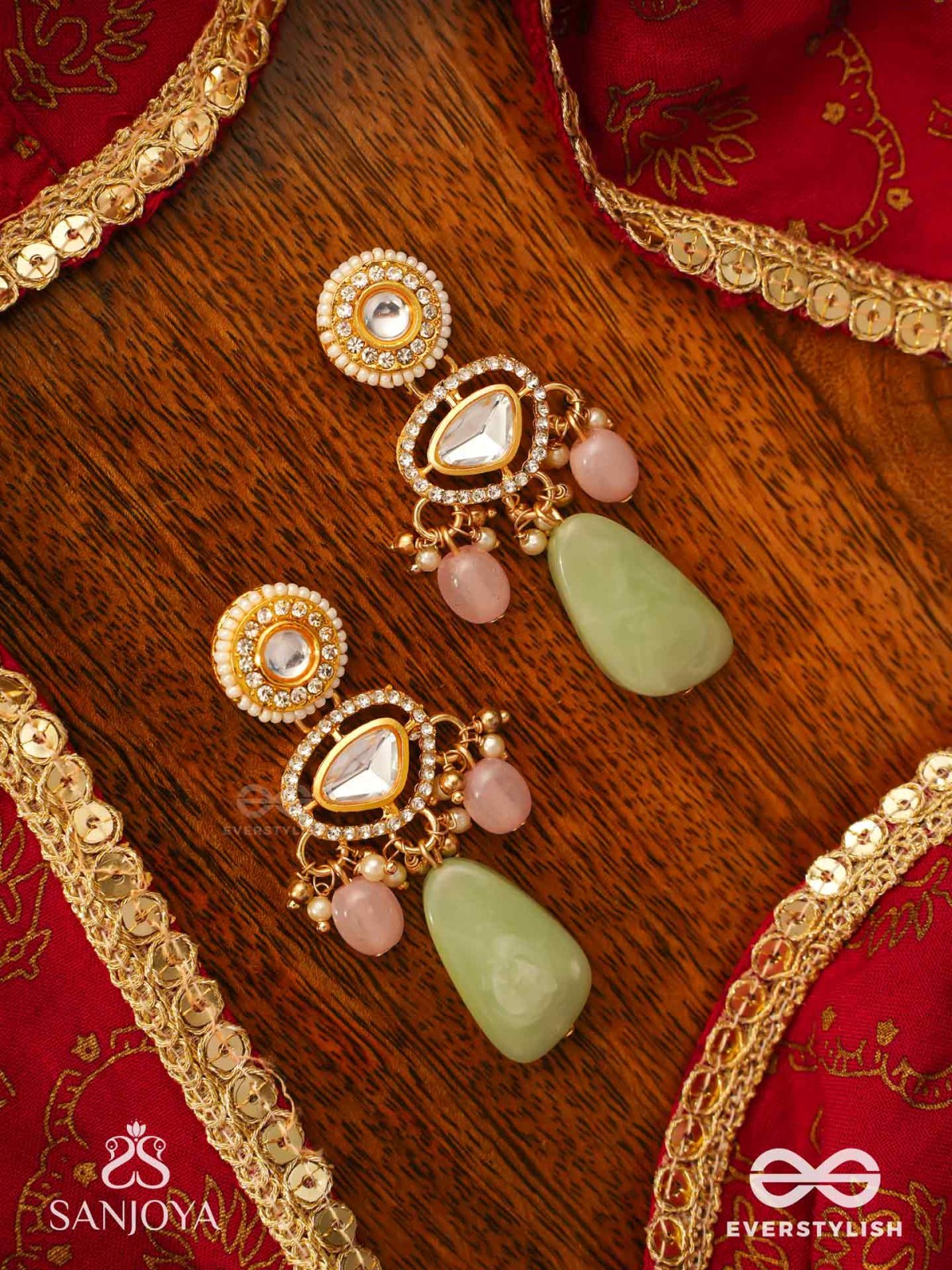 SHITALA - COOLING GRACE - CLASSIC GREEN KUNDAN POLKI EARRINGS WITH GOLDEN DETAILS AND SOFT GEM ACCENTS