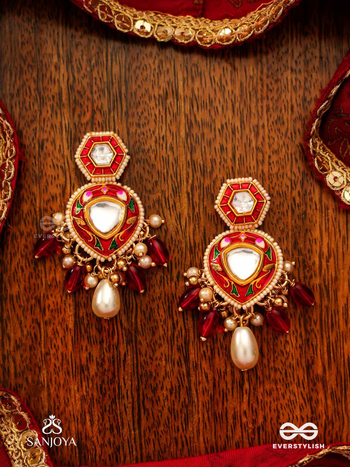 JWLALA - FLAME-LIKE BEAUTY - MAJESTIC HANDCRAFTED KUNDAN EARRINGS WITH ORNATE RED AND GOLDEN DETAILS