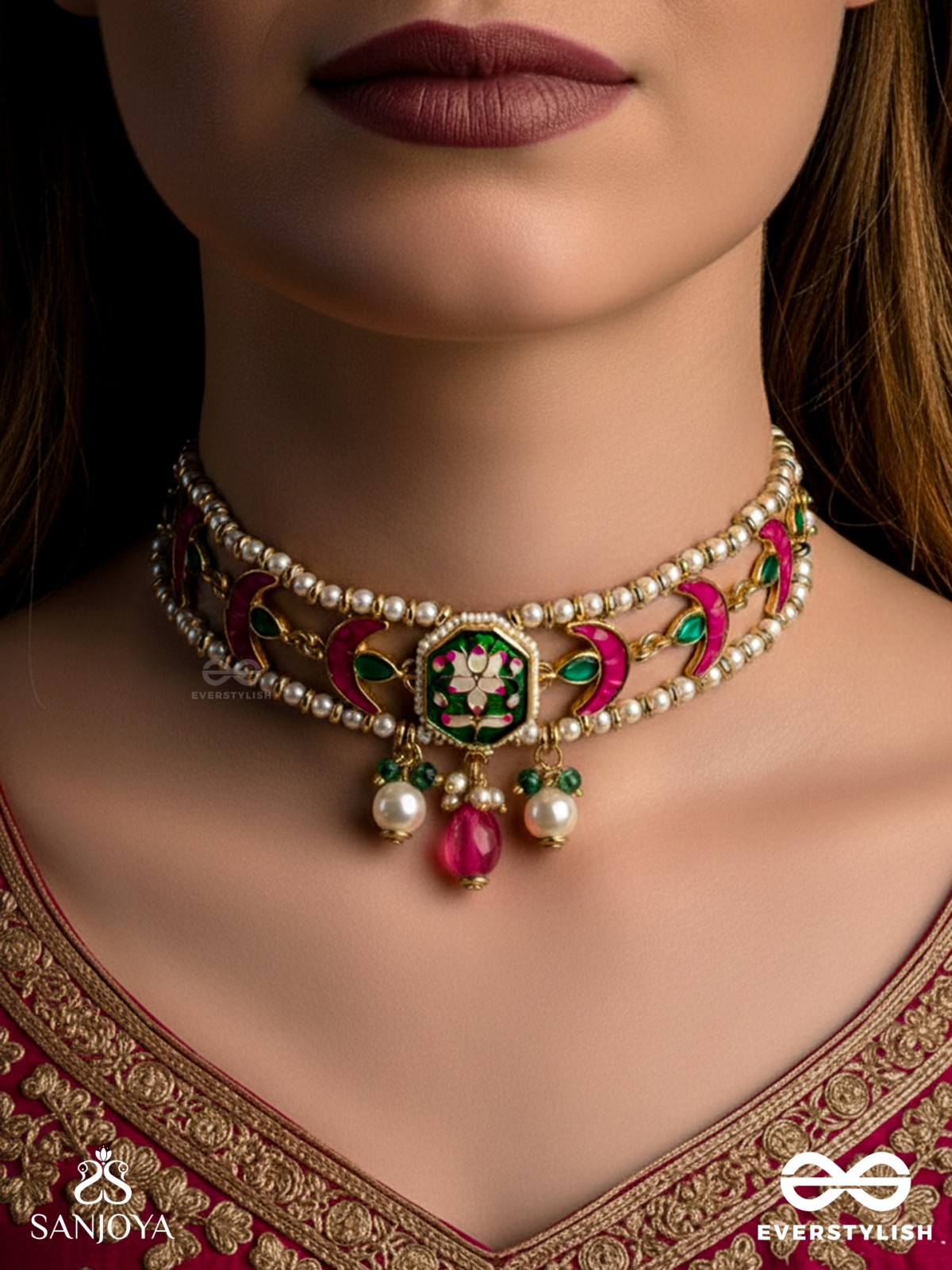 INDULEKHA - MOON'S BEAUTY - EXQUISITE CRESCENT-MOTIF KUNDAN CHOKER WITH ENAMEL DETAILS AND PEARL DROPS