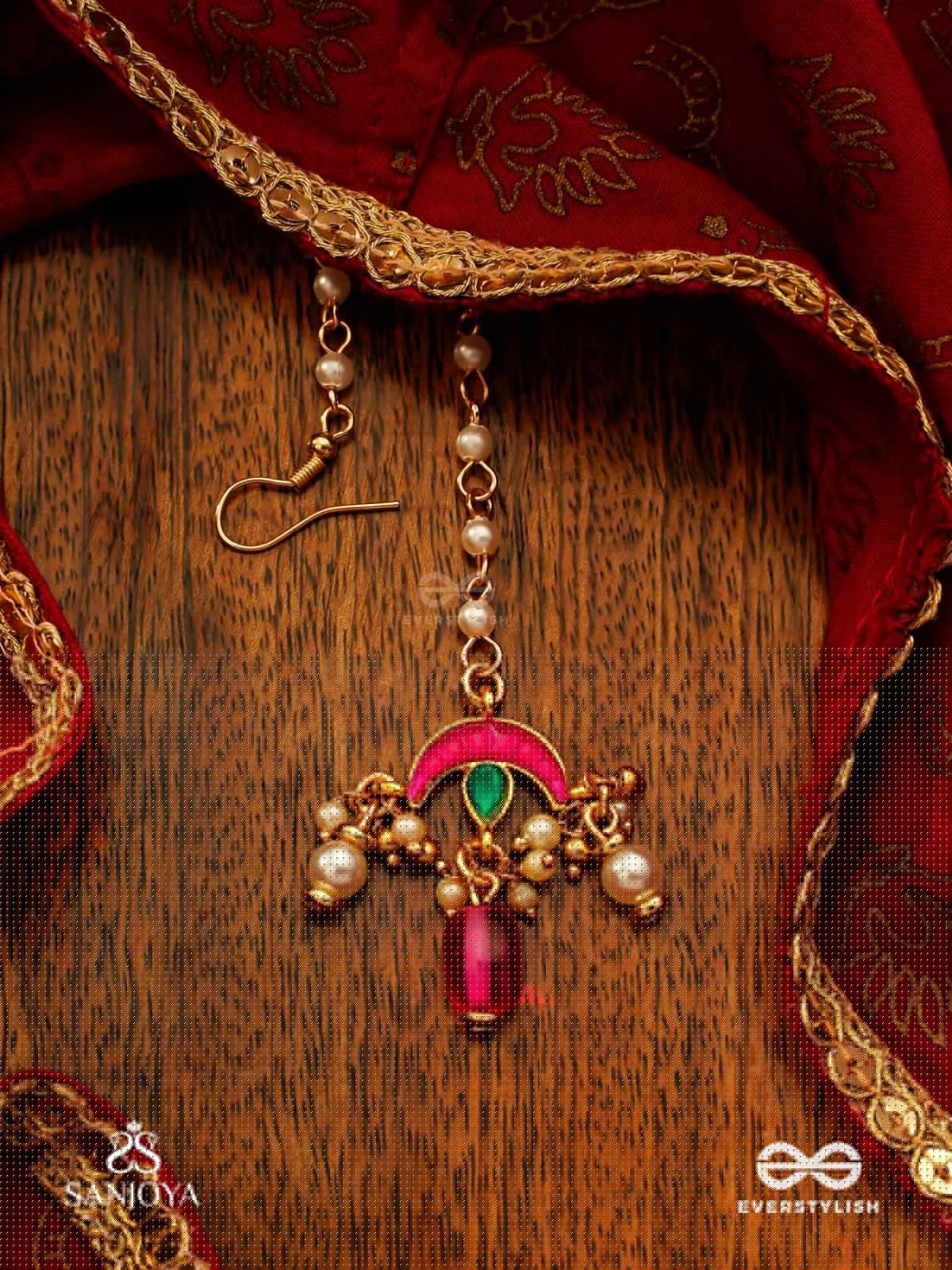 INDULEKHA - MOON'S BEAUTY - EXQUISITE CRESCENT-MOTIF KUNDAN MAANGTIKA WITH ENAMEL DETAILS AND PEARL DROPS