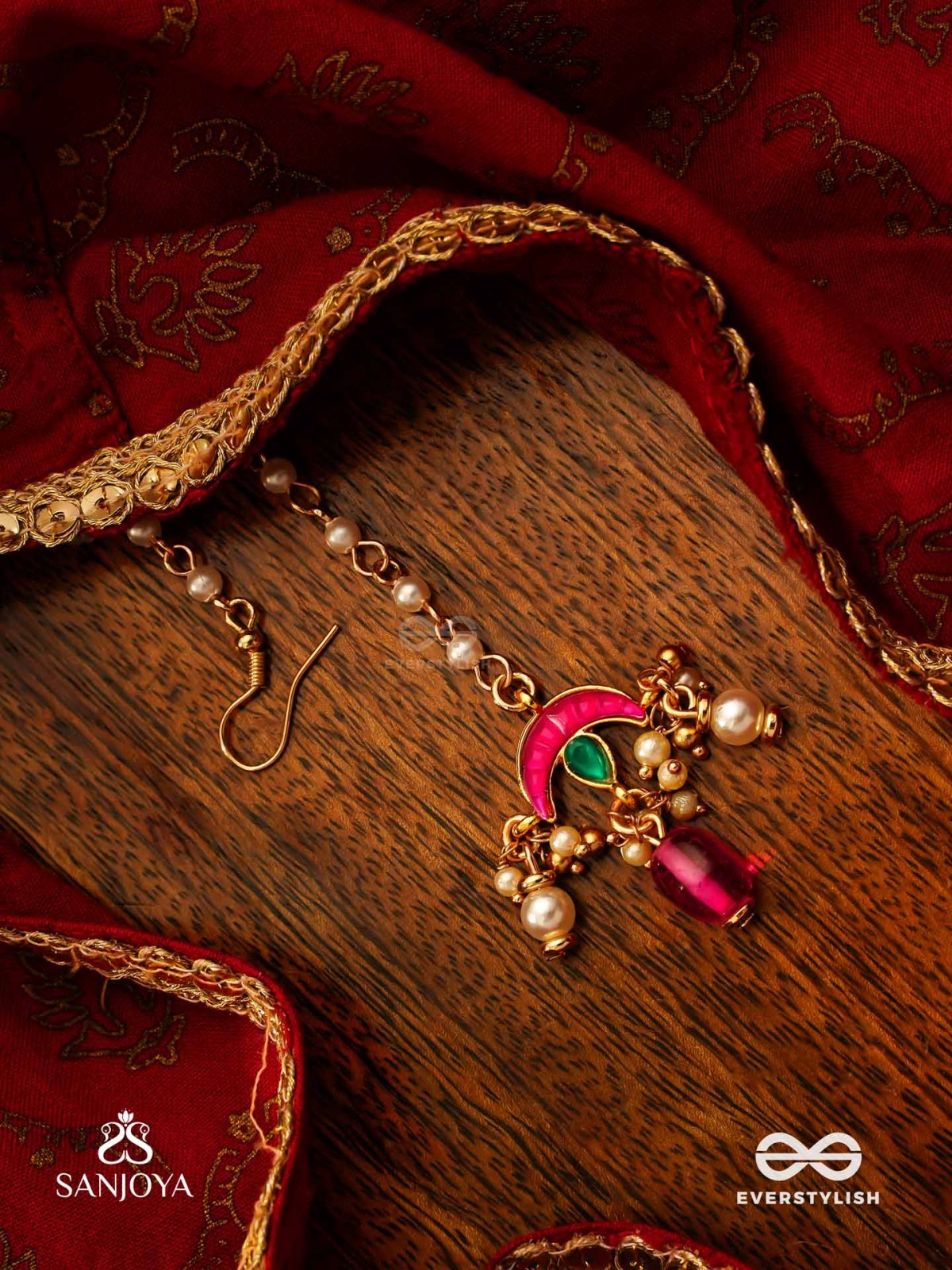 INDULEKHA - MOON'S BEAUTY - EXQUISITE CRESCENT-MOTIF KUNDAN MAANGTIKA WITH ENAMEL DETAILS AND PEARL DROPS