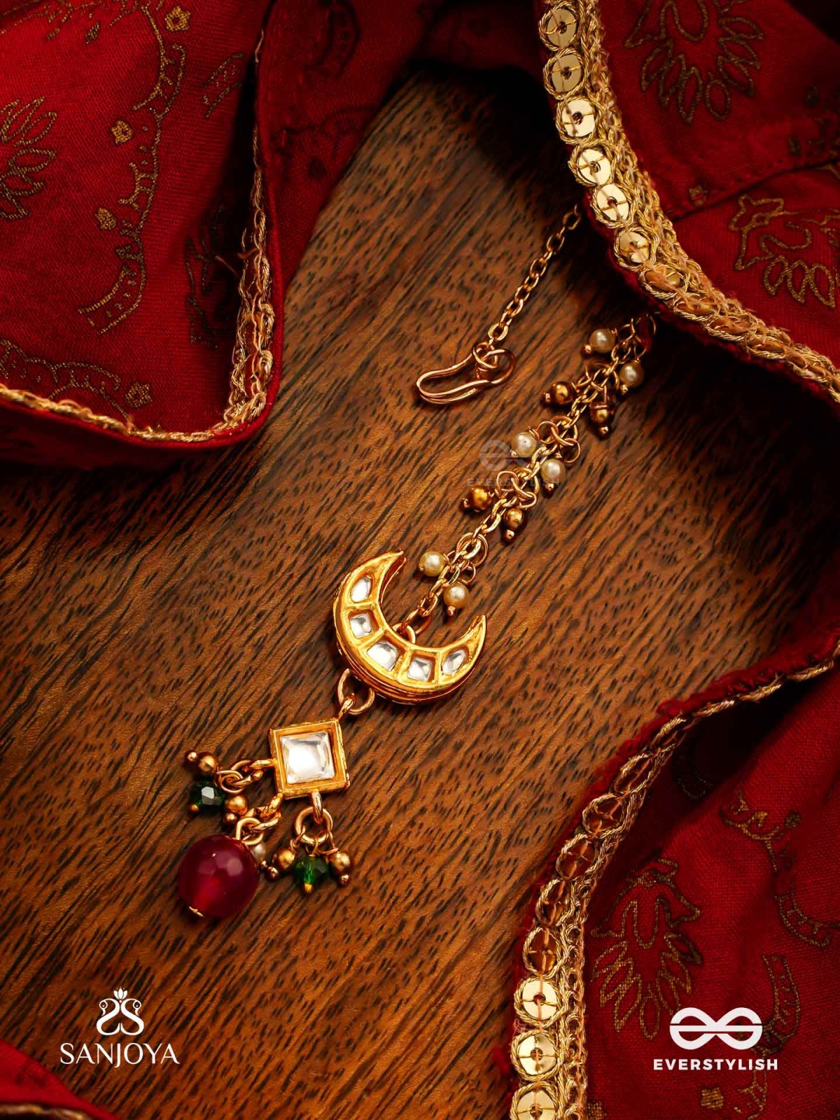 INDURAGA - MELODY OF THE MOON - ROYAL KUNDAN MAANGTIKA WITH CRESCENT MOTIFS AND RUBY DROPS