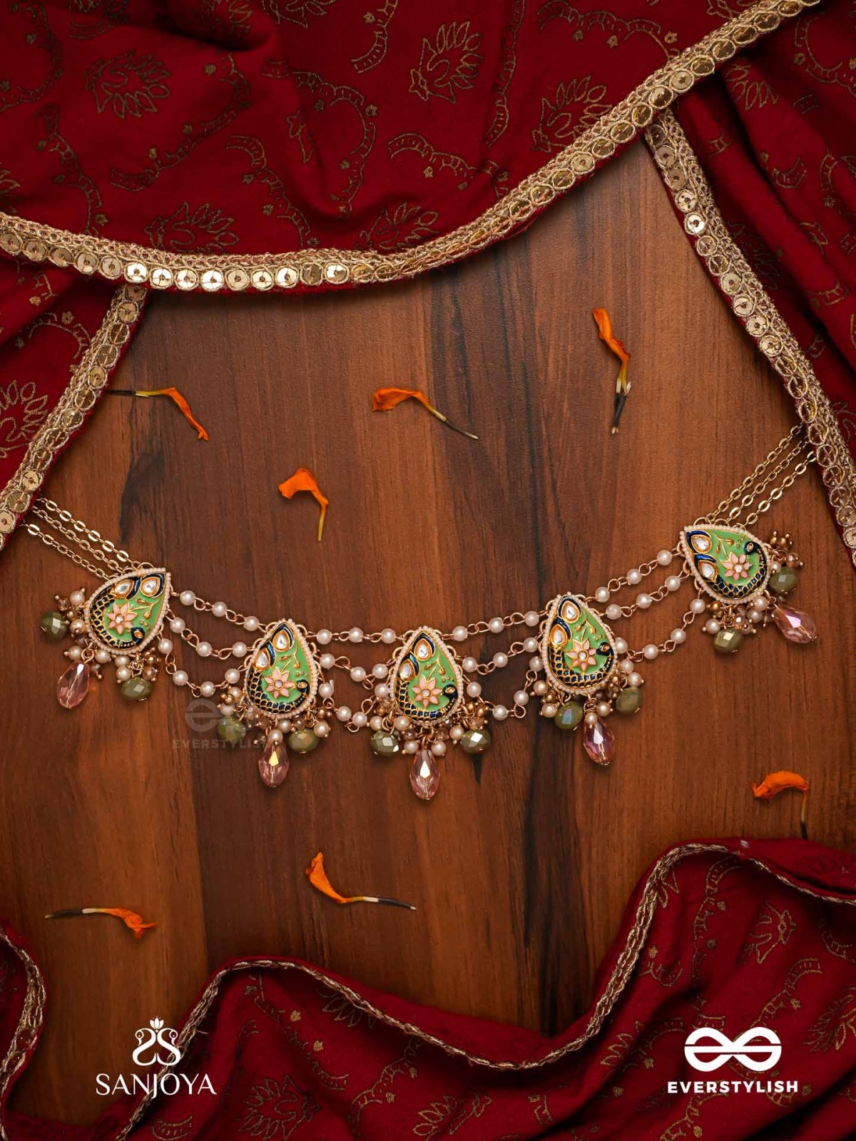 MADHURIMA - SWEET ELEGANCE - HANDCRAFTED HERITAGE KUNDAN CHOKER WITH GOLDEN POLKI AND GEM DROPS