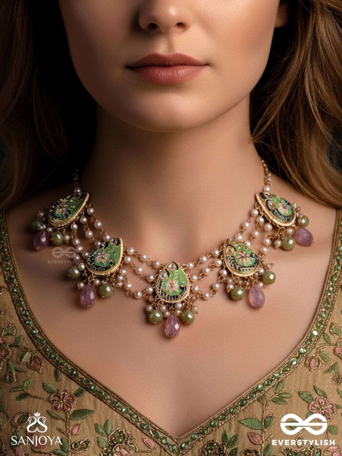 MADHURIMA - SWEET ELEGANCE - HANDCRAFTED HERITAGE KUNDAN CHOKER WITH GOLDEN POLKI AND GEM DROPS