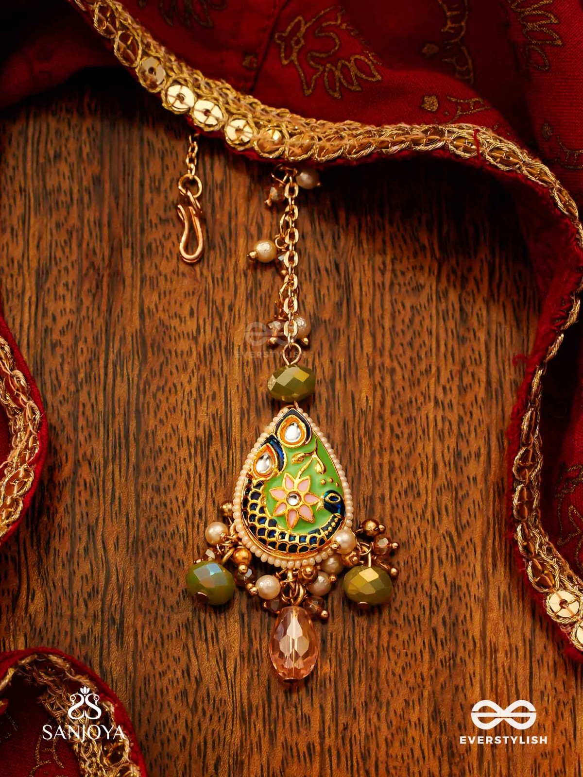 MADHURIMA - SWEET ELEGANCE - HANDCRAFTED HERITAGE KUNDAN MAANGTIKA WITH GOLDEN POLKI AND GEM DROPS