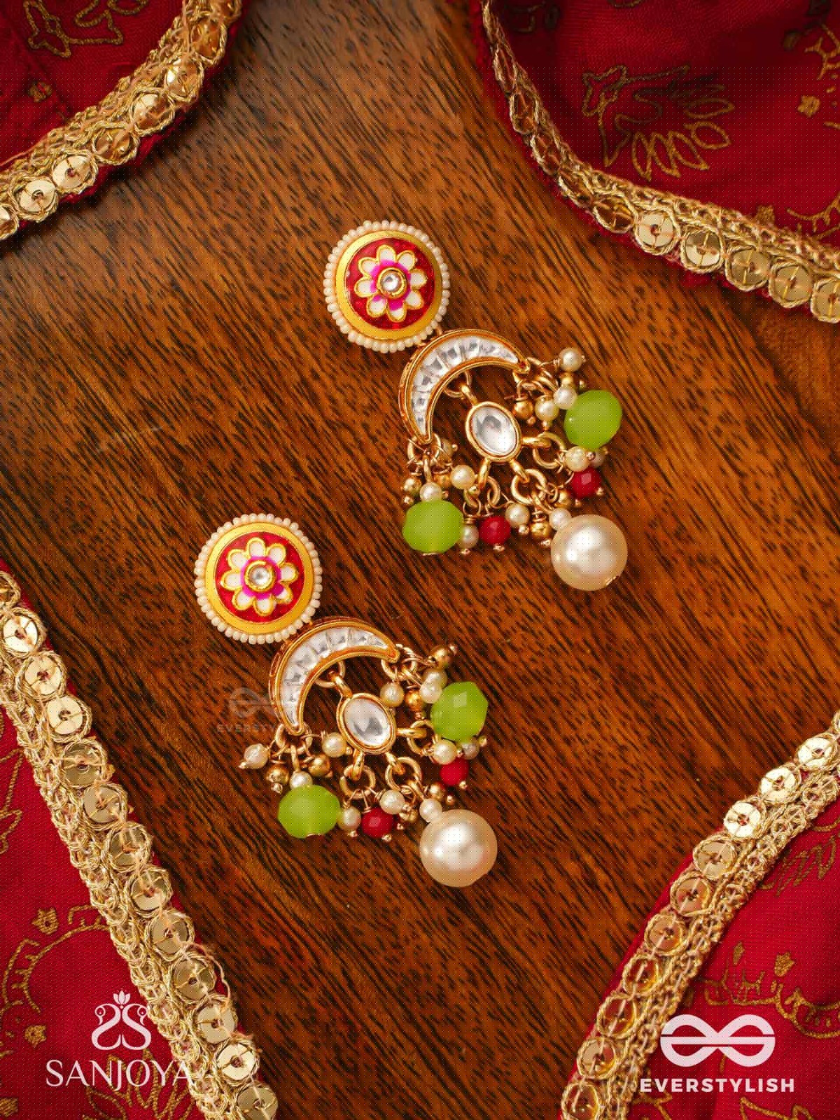SUVARNACHANDRA - GOLDEN MOON - ROYAL KUNDAN EARRINGS WITH ORNATE CRESCENT DESIGNS AND GEM EMBELLISHMENTS