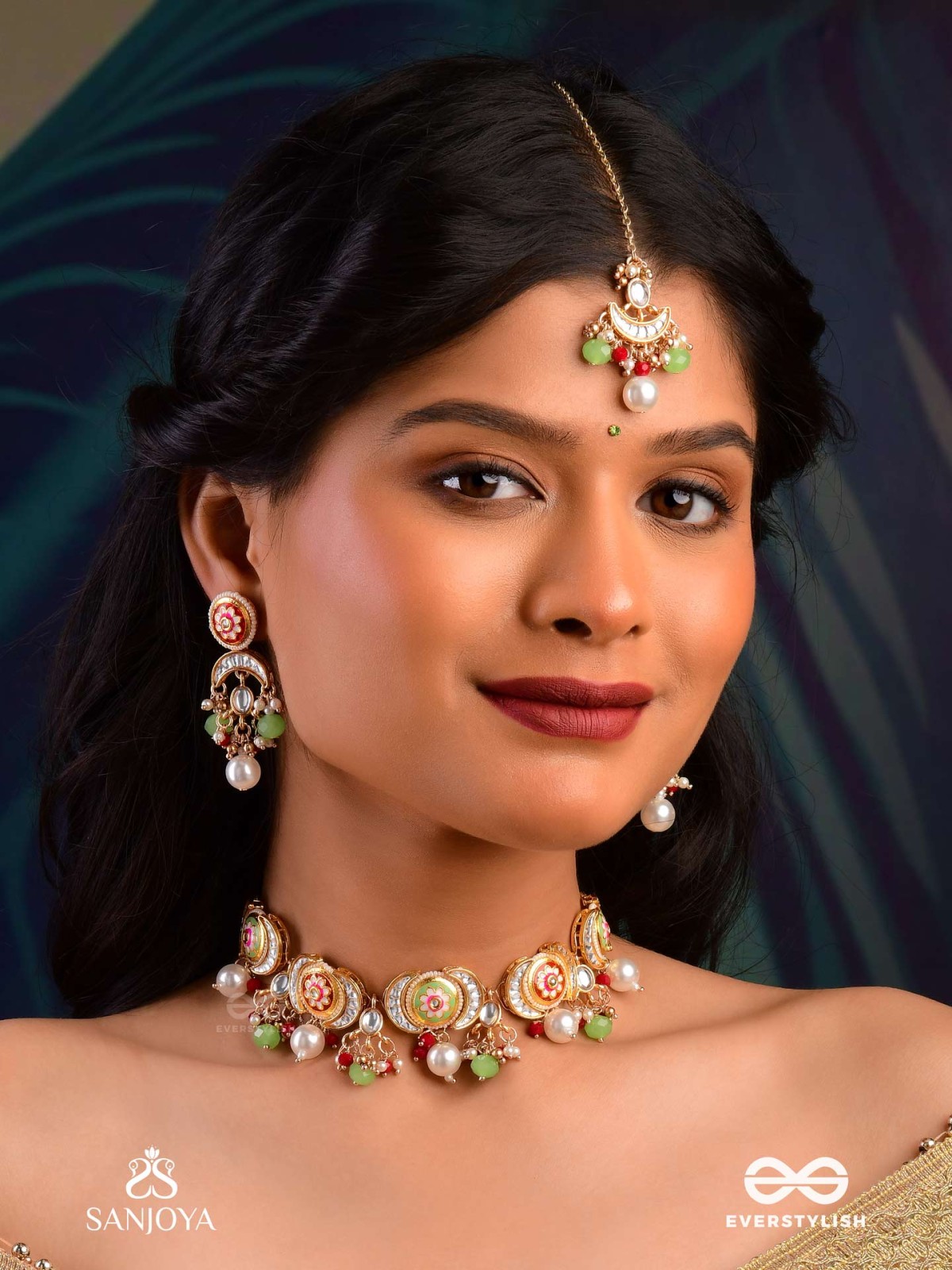 SUVARNACHANDRA - GOLDEN MOON - ROYAL KUNDAN MAANGTIKA WITH ORNATE CRESCENT DESIGNS AND GEM EMBELLISHMENTS