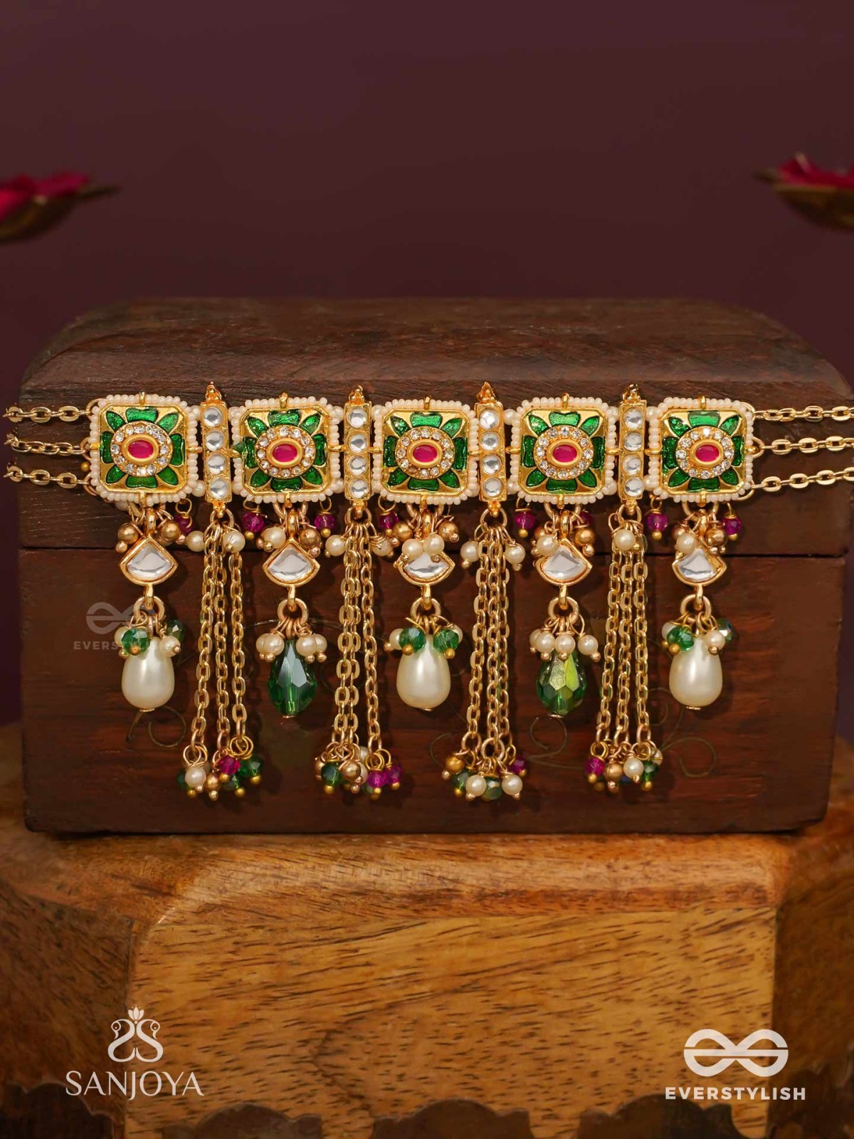 RANIRAGA - QUEEN’S MELODY- EXQUISITE KUNDAN NECKPIECE WITH FLORAL ENAMEL WORK, BEADS AND PEARLS