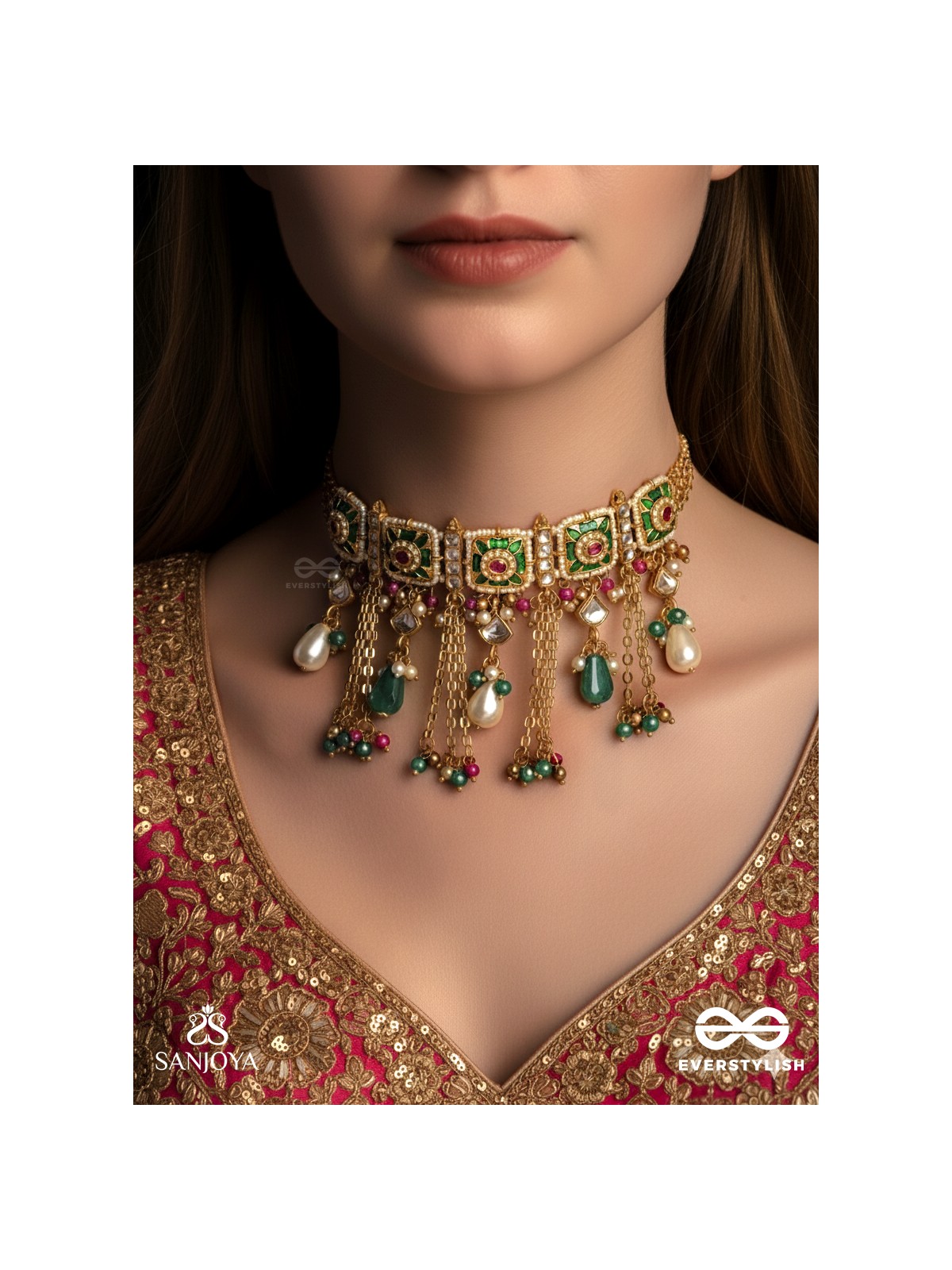 RANIRAGA - QUEEN’S MELODY- EXQUISITE KUNDAN NECKPIECE WITH FLORAL ENAMEL WORK, BEADS AND PEARLS