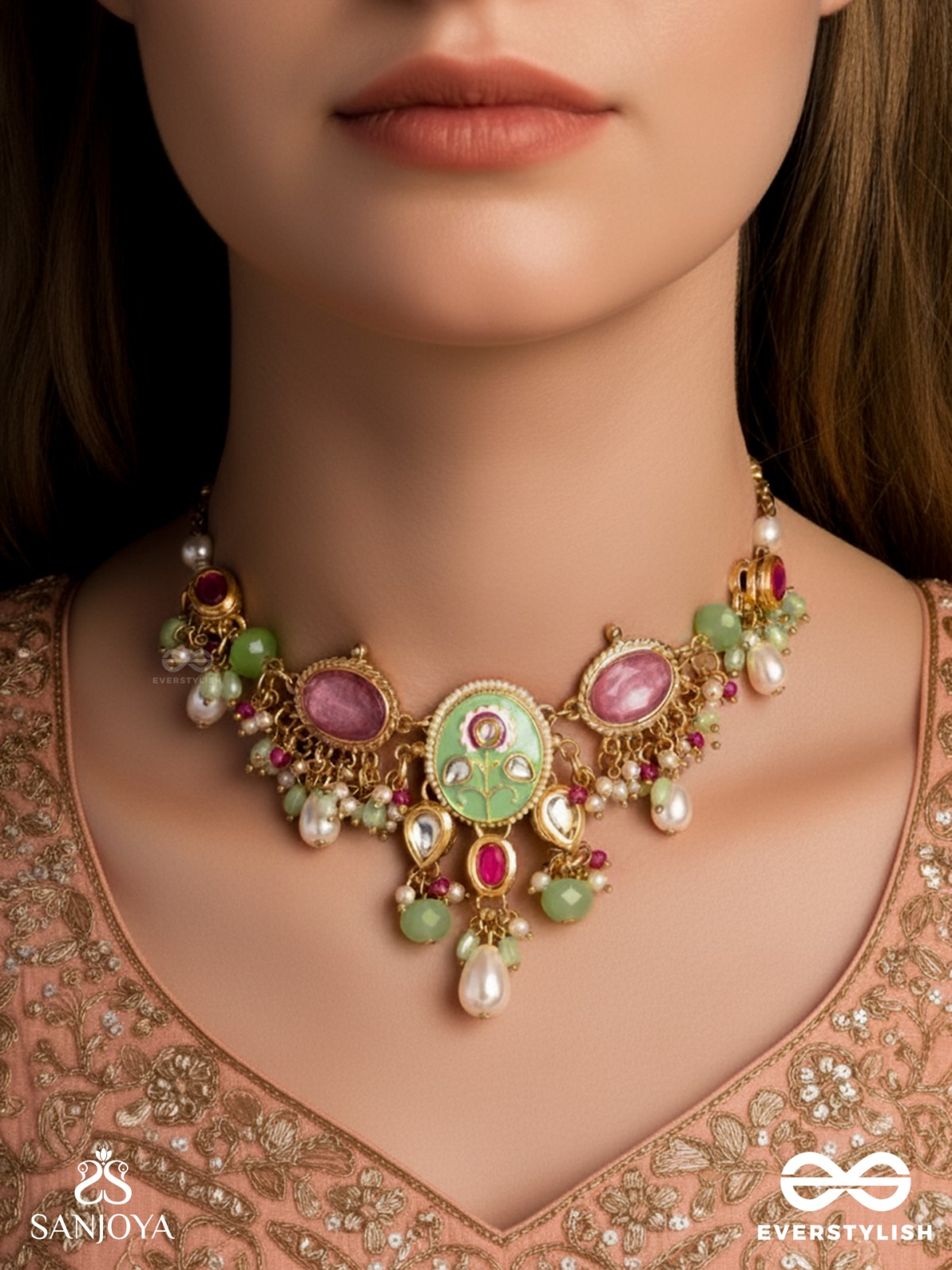 KARUNYA - GRACEFUL AURA- INTRICATE KUNDAN ENAMELLED NECKPIECE WITH PEARLS, BEADS AND GEMSTONES