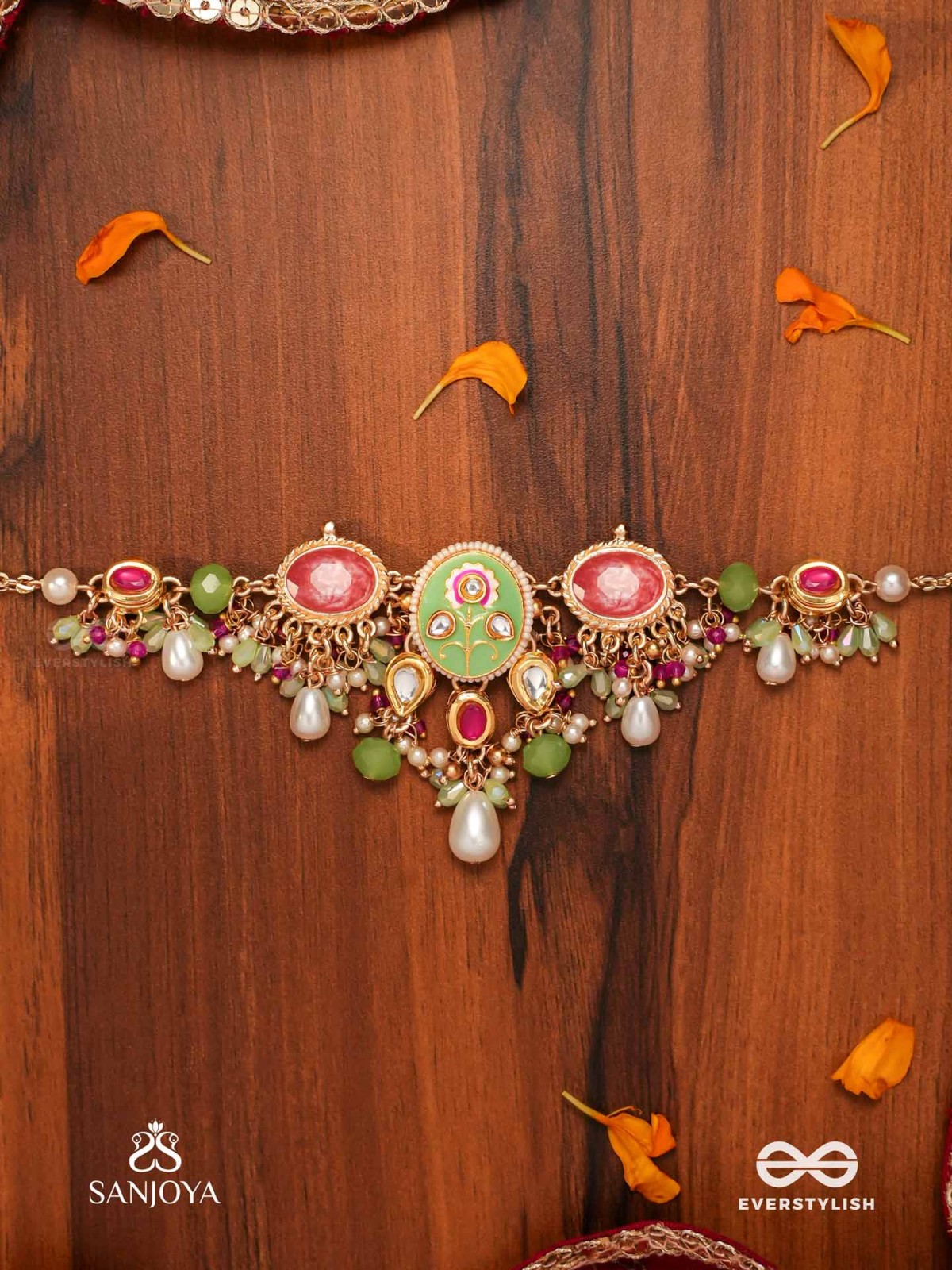 KARUNYA - GRACEFUL AURA- INTRICATE KUNDAN ENAMELLED NECKPIECE WITH PEARLS, BEADS AND GEMSTONES