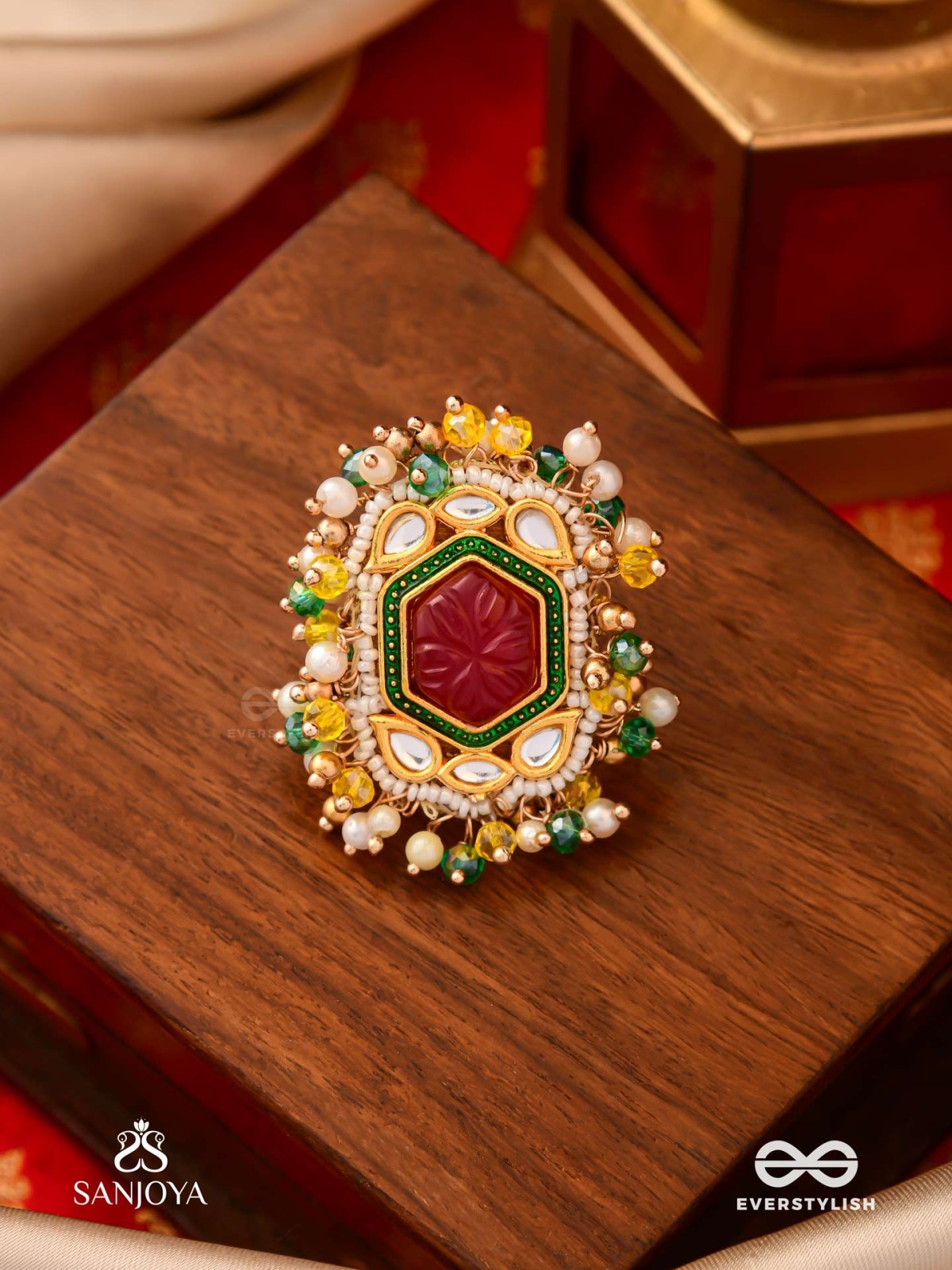 SURYAPRABHA - SUN’S AURA- LUXE HERITAGE KUNDAN RING WITH PEARLS, BEADS AND GEMSTONES